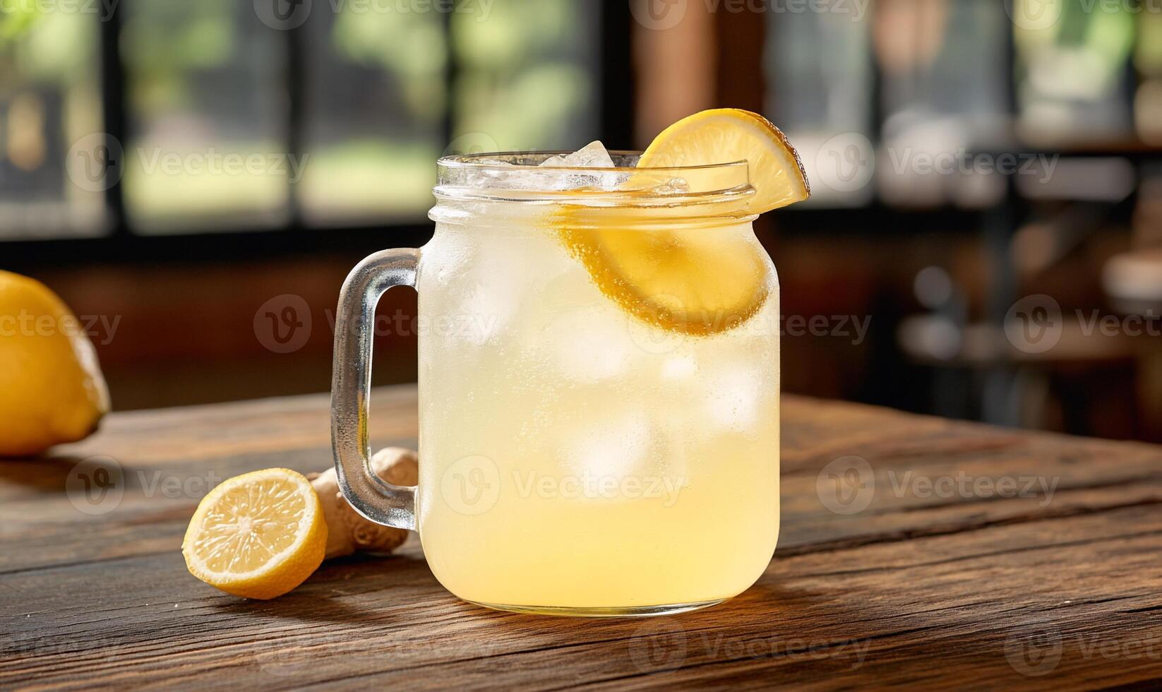 A refreshing glass of lemonade with ice and lemon slices. photo
