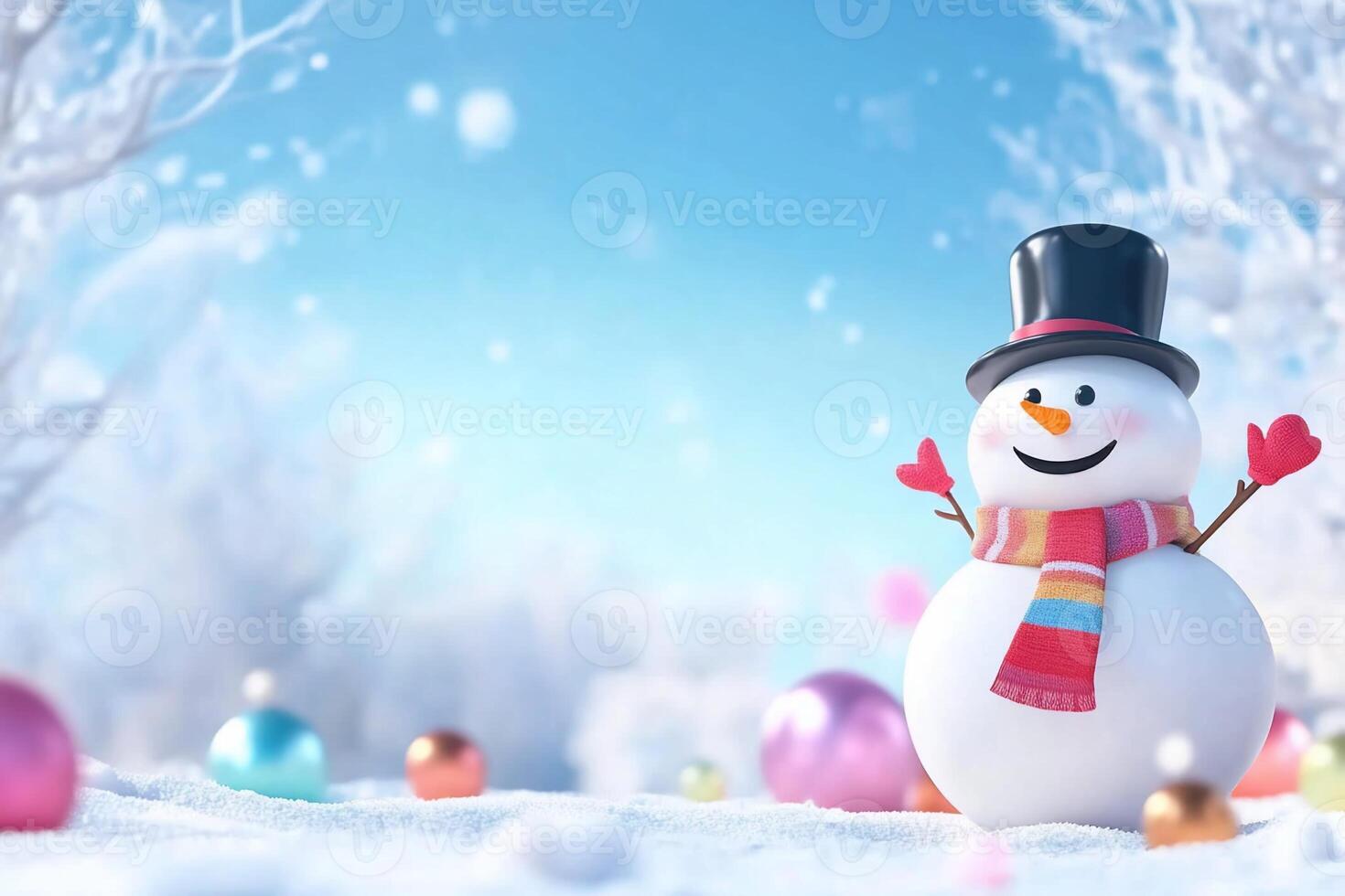 A cheerful snowman in a snowy landscape with colorful ornaments. photo