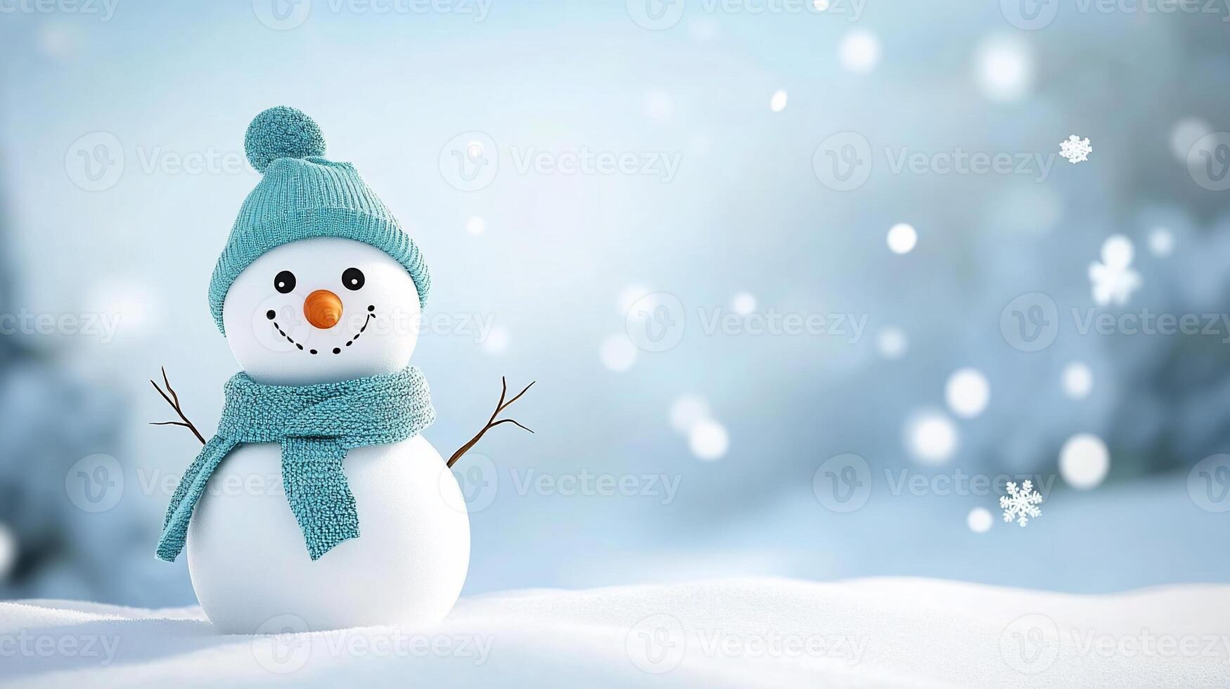 A cheerful snowman in a snowy landscape with a blue scarf and hat. photo