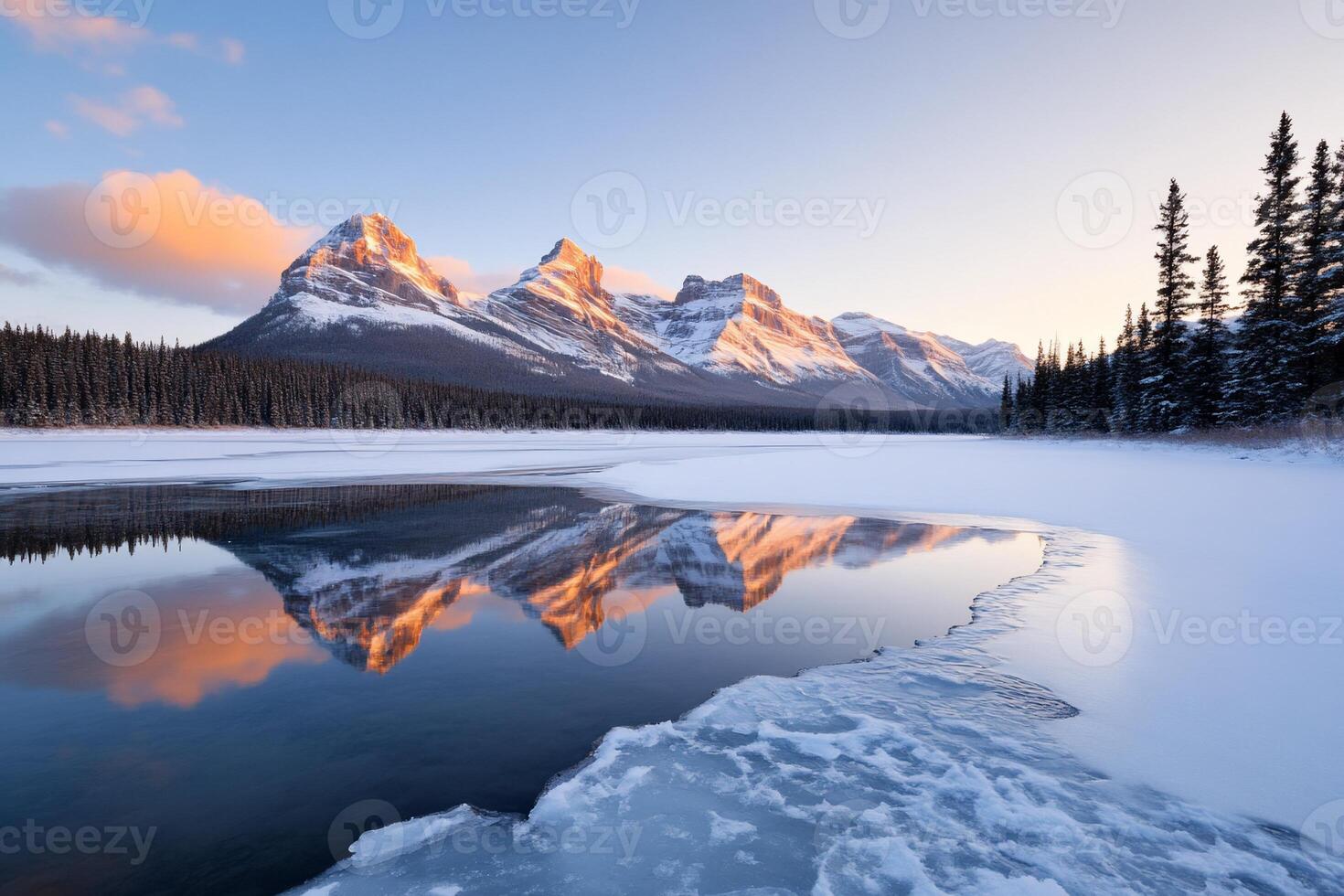 Serene winter landscape with mountains reflecting in calm water. photo