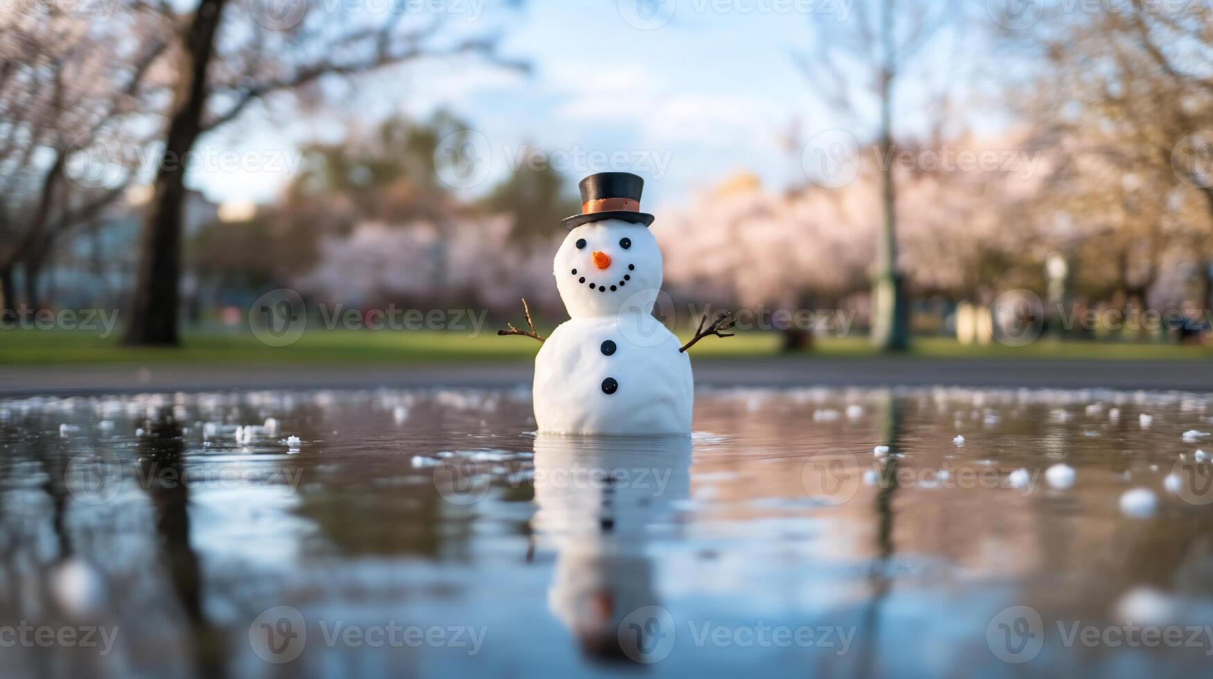 A snowman stands in a puddle amidst blooming cherry trees. photo