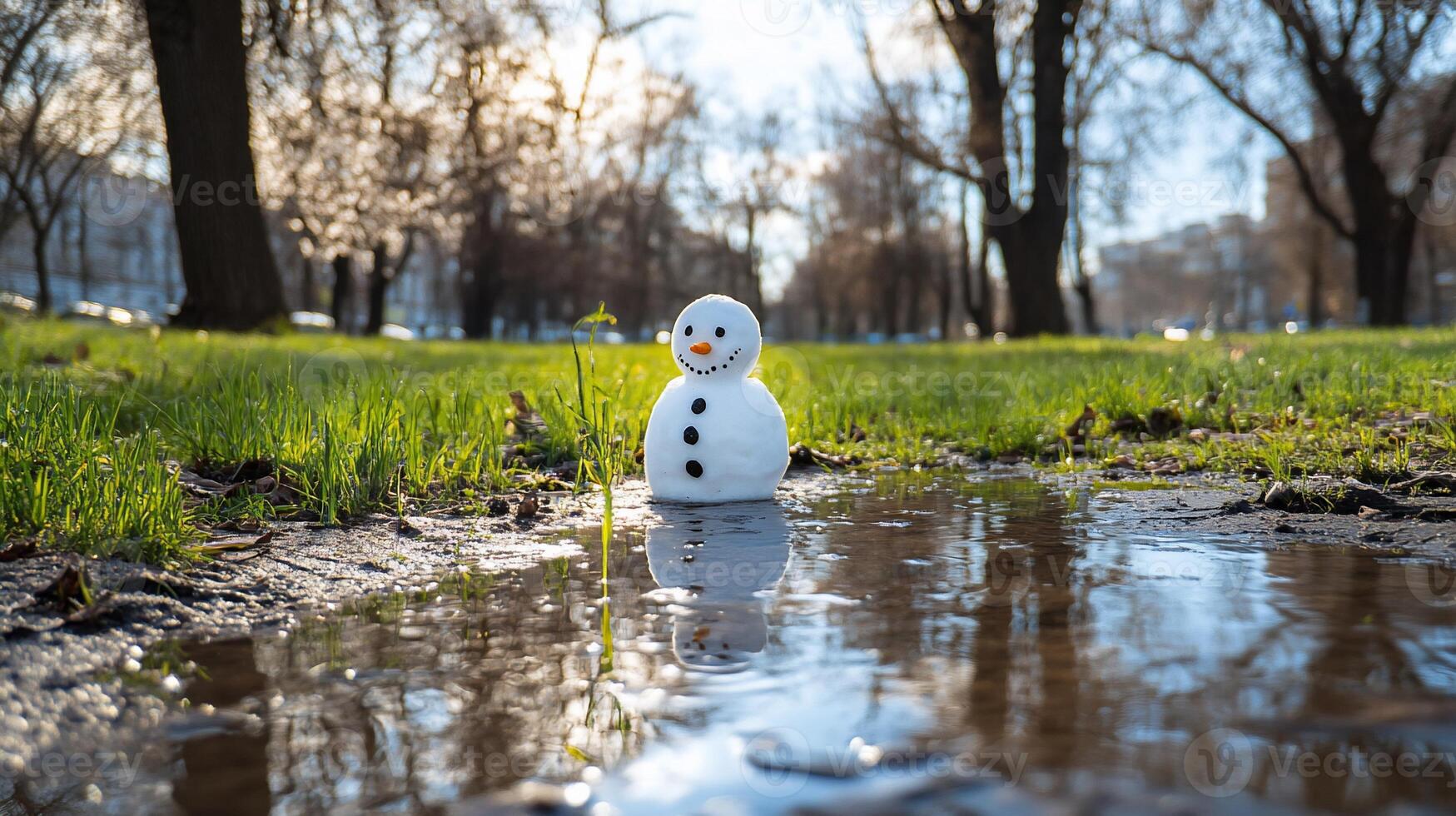 A melting snowman in a park, surrounded by grass and water. photo