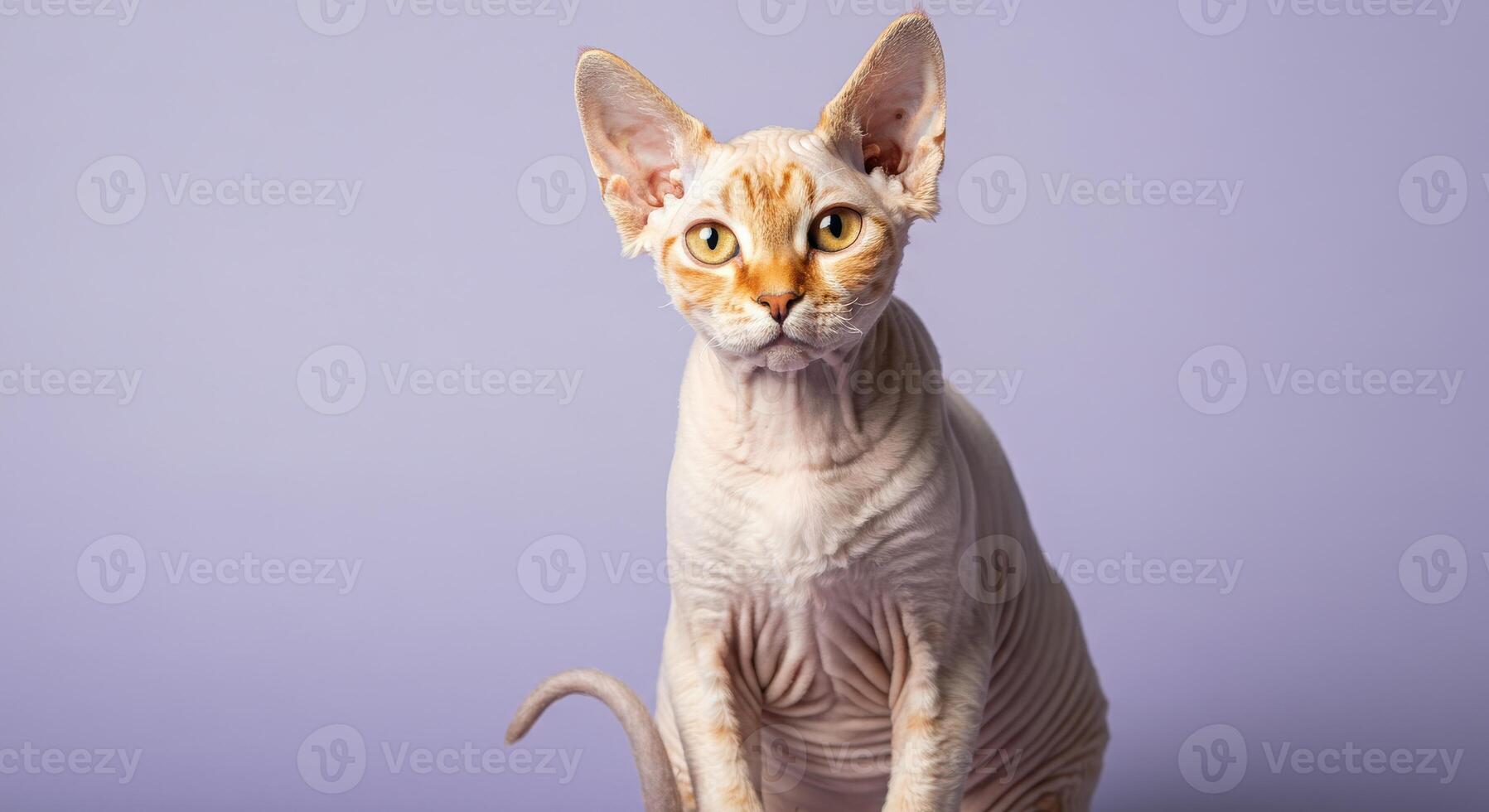 Elegant sphynx cat against soft purple backdrop for pet enthusiasts photo
