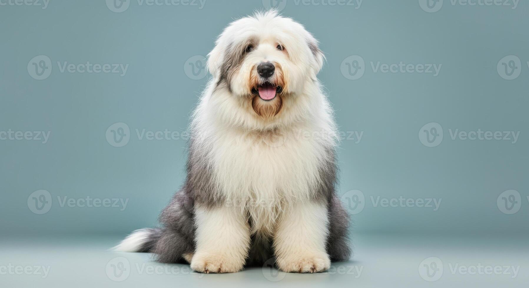 Fluffy old english sheepdog portrait with light blue background photo