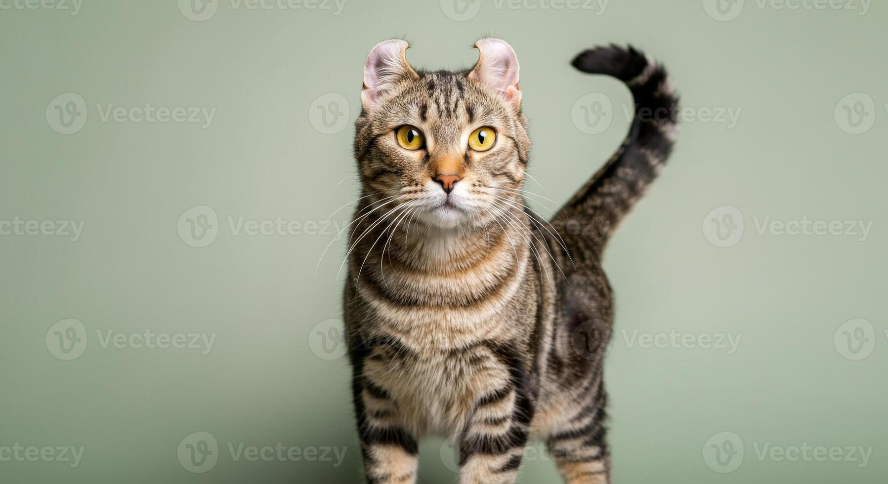 Portrait of an alert tabby cat with unique curled ears on solid green background photo