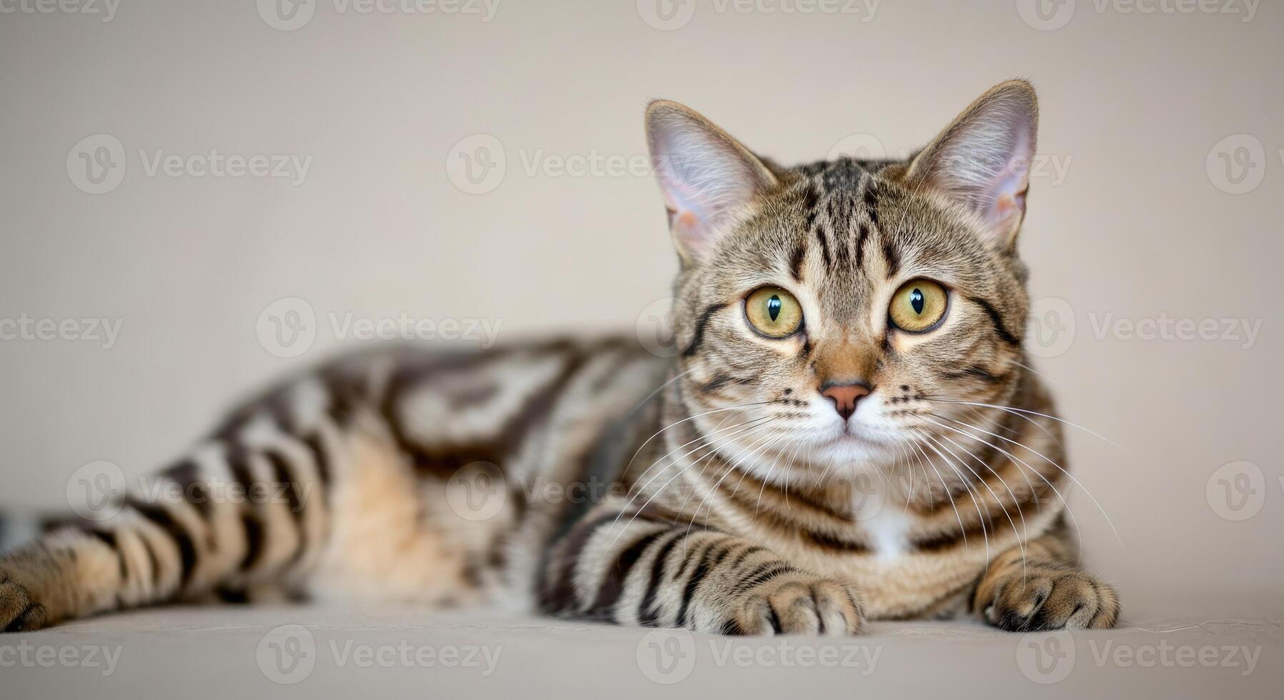 Majestic tabby cat lying on beige surface with intense gaze and distinctive stripes photo