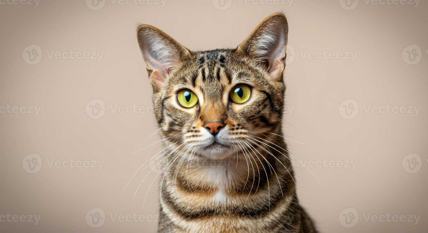 Portrait of a striking bengal cat with intense green eyes and distinctive striped fur for pet lovers and feline enthusiasts photo