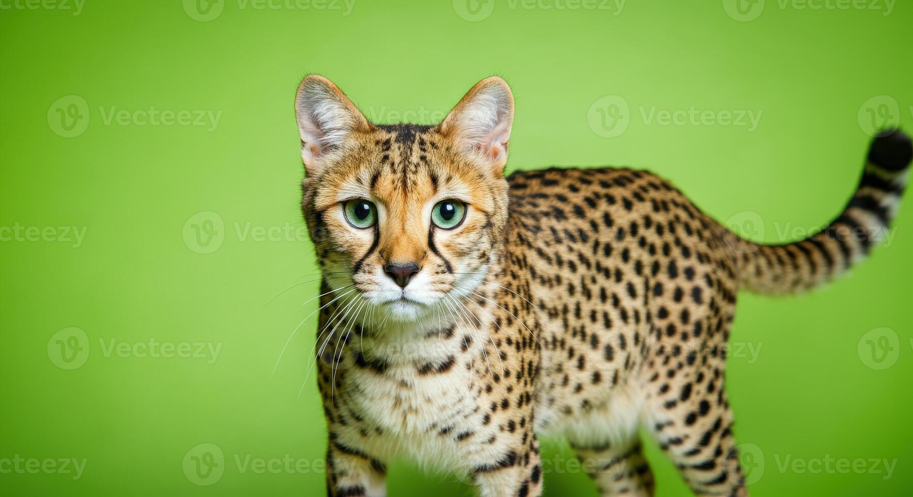 Exotic african serval cat on vibrant green background for wildlife and nature projects photo