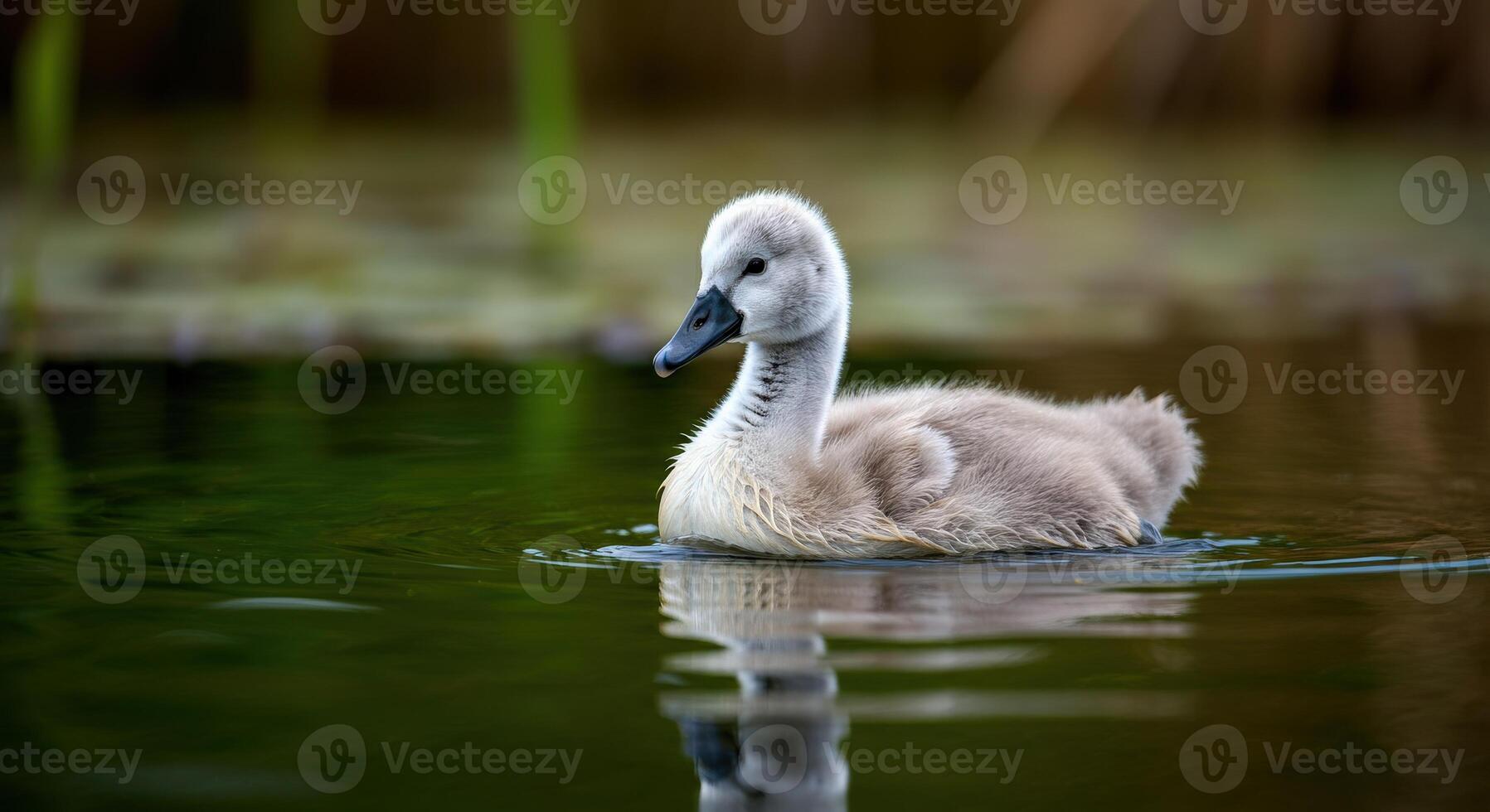 Gentle baby swan gliding in tranquil lake scene for nature inspiration photo