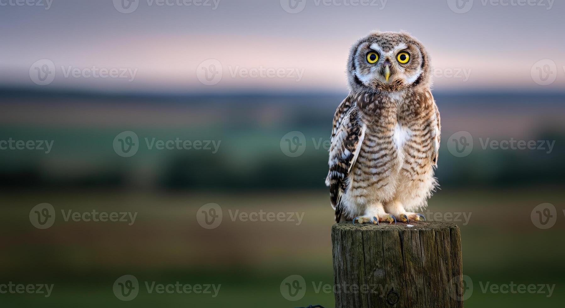 Young owl perched on wooden post in serene countryside at dusk photo