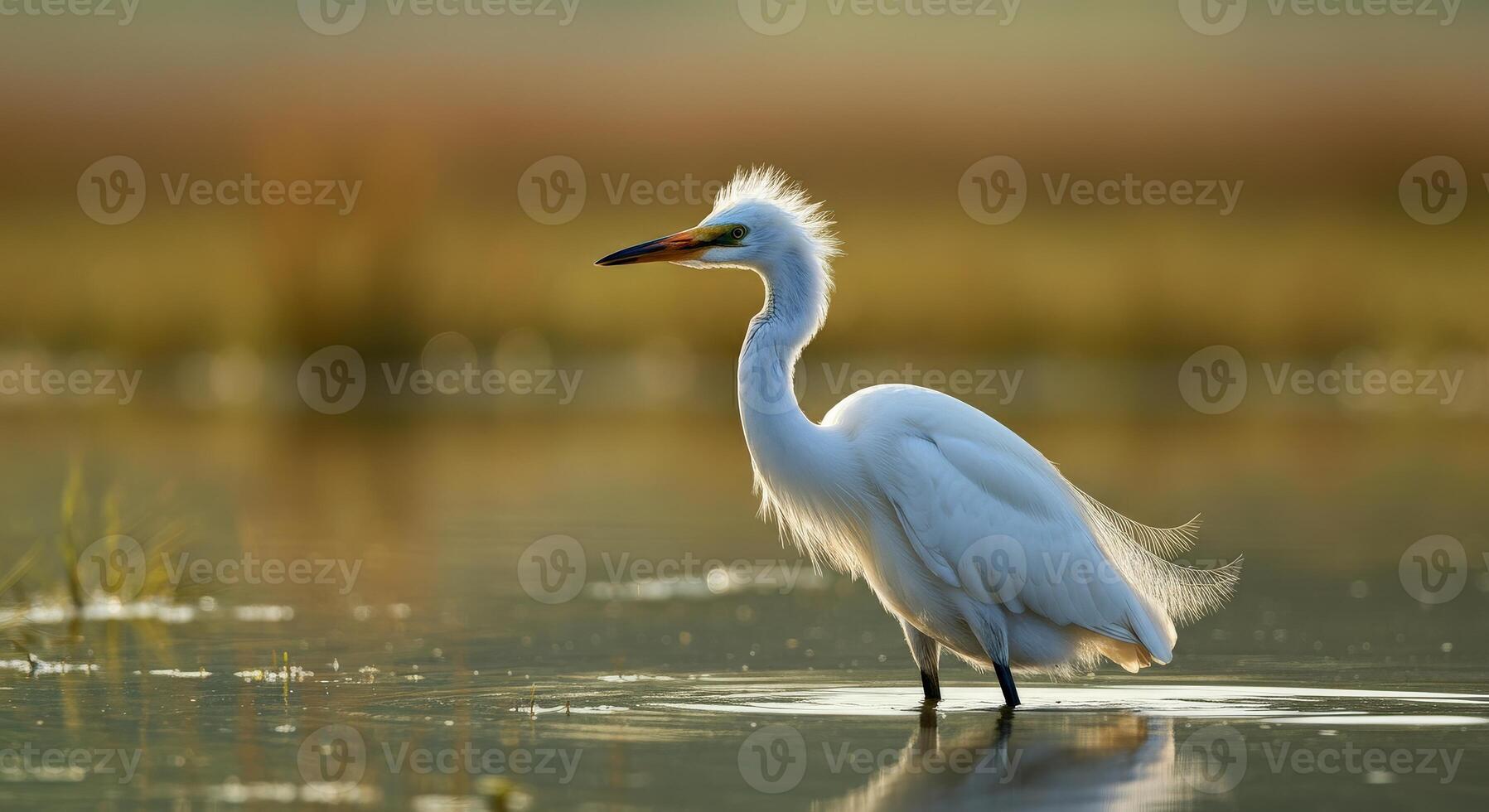 Graceful white egret in serene wetland habitat at sunrise photo