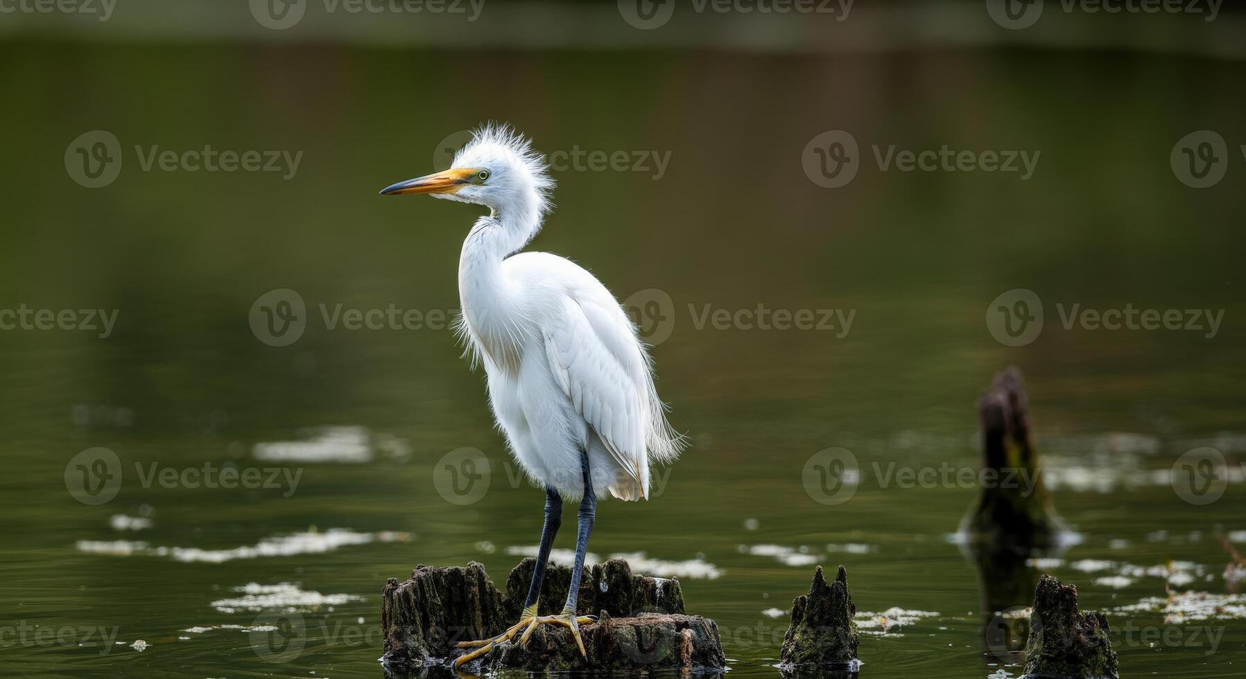 Elegant white egret perched on stump in serene wetland environment photo