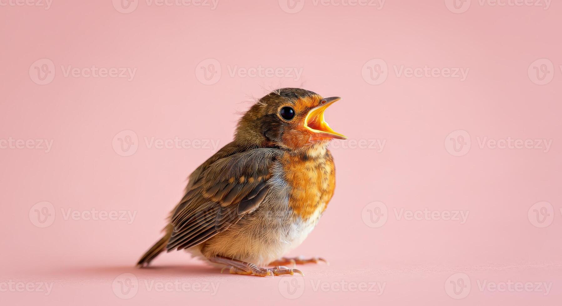 Young robin on pink background chirping, suitable for nature and wildlife themes photo