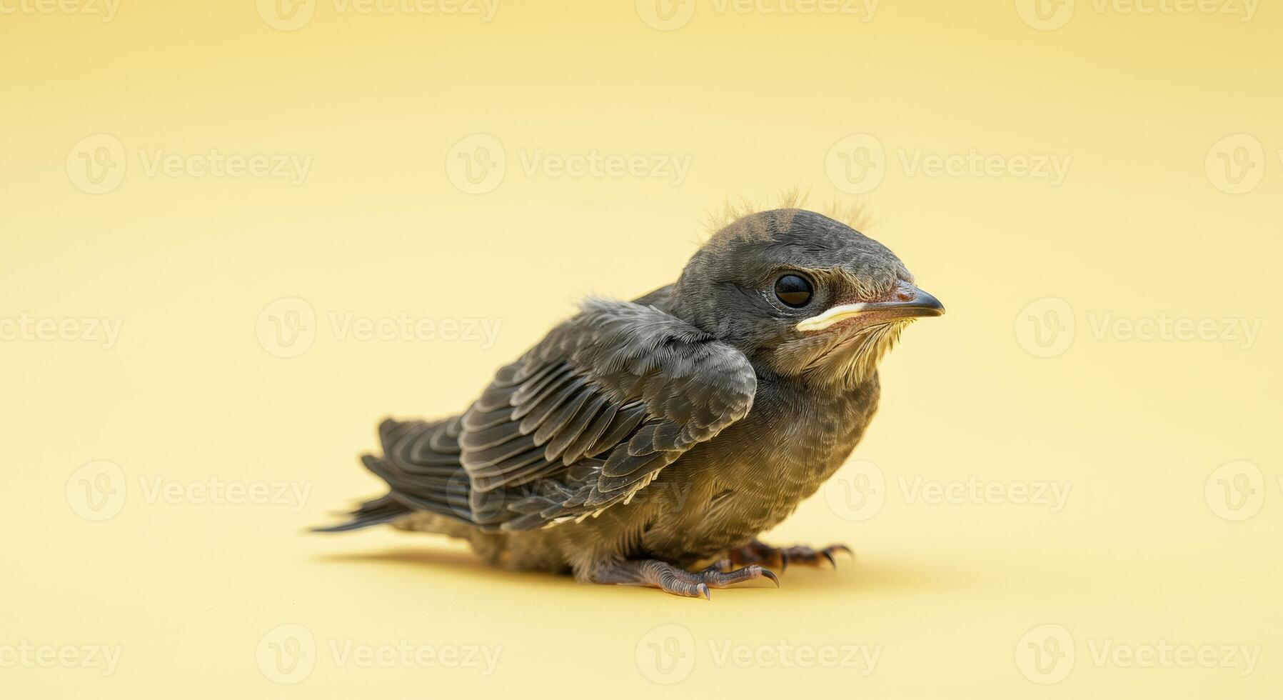 Young bird against yellow background for nature and wildlife design photo