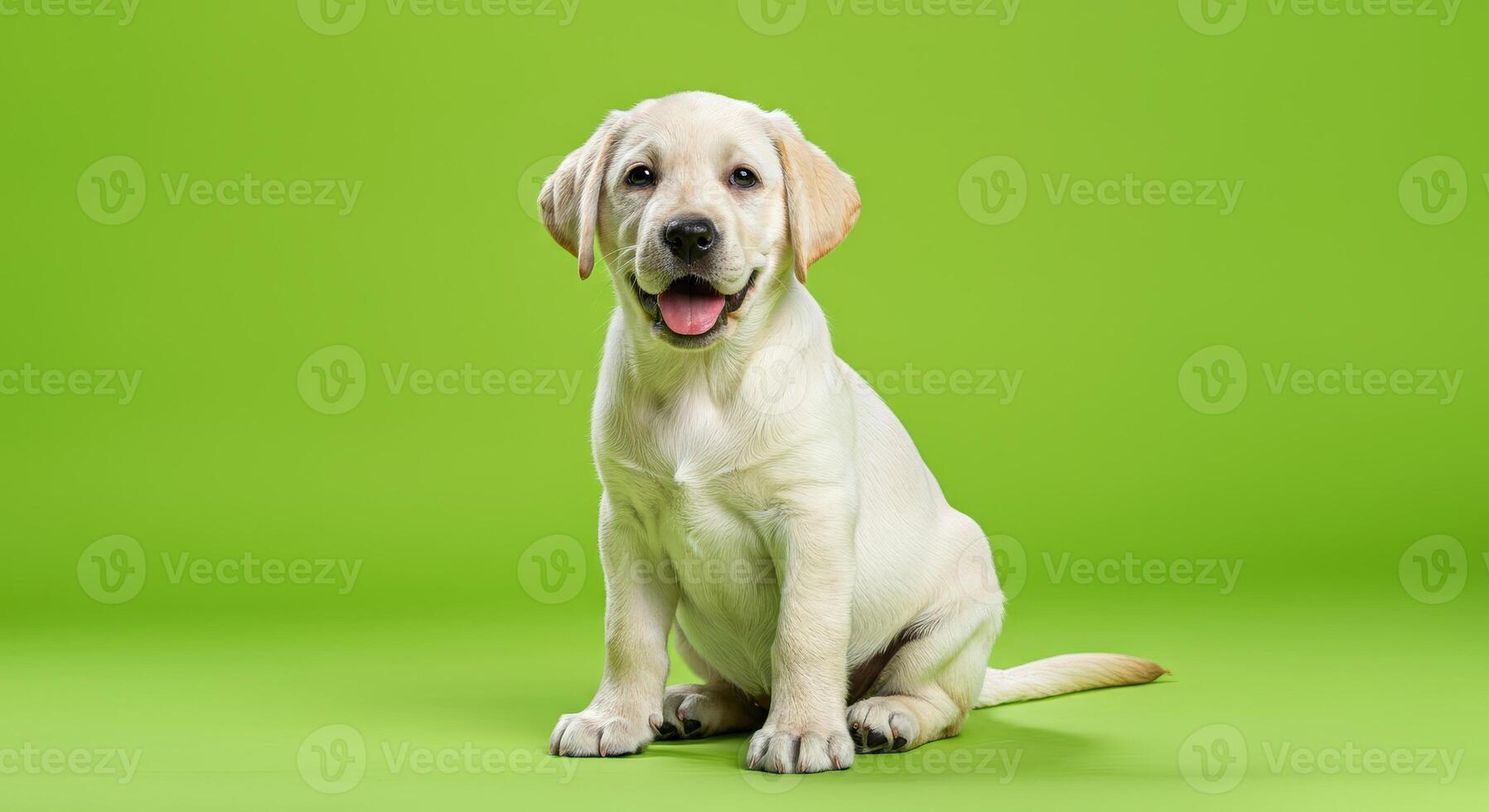 Adorable labrador puppy on vibrant green background for pet-themed designs photo