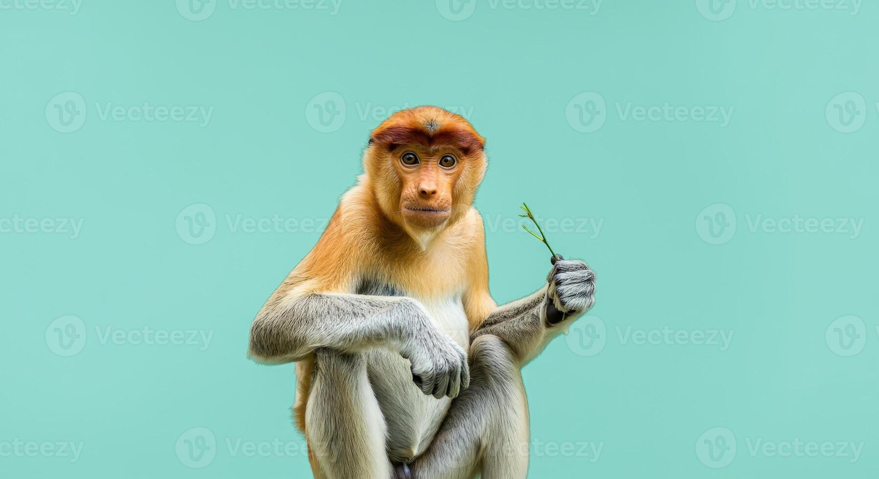Proboscis monkey holding twig against gentle green background for wildlife study photo