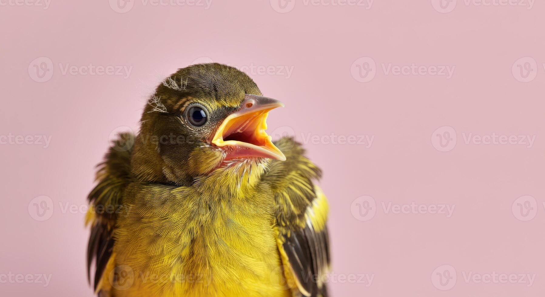 Bright yellow bird with open beak on pastel pink background for nature and wildlife designs photo