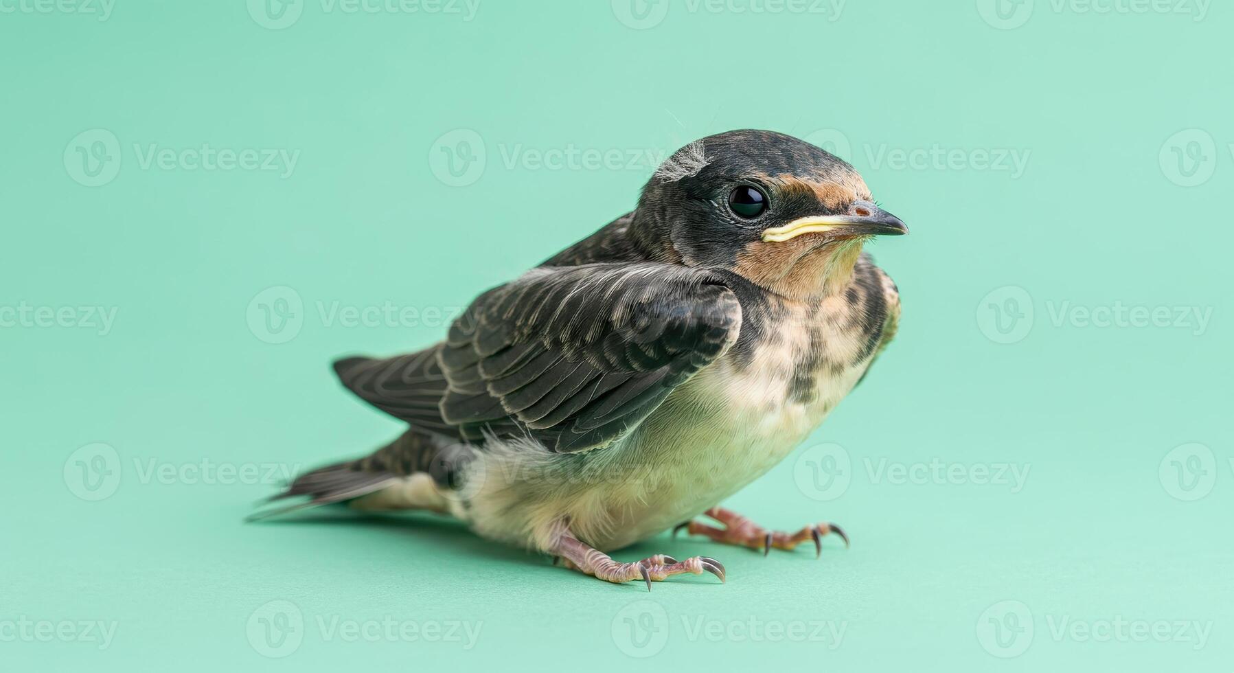 Young swallow on minimalist green background for nature and wildlife themes photo