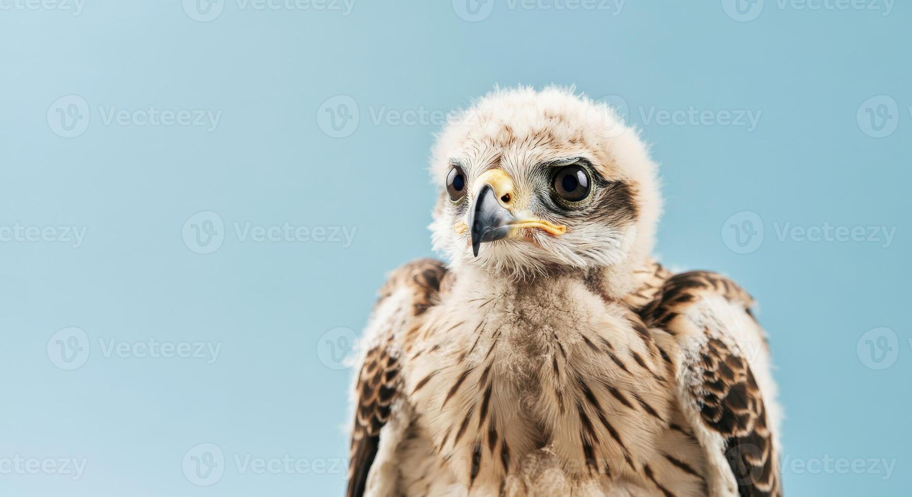 Close-up of a young hawk with soft feathers against a blue background photo