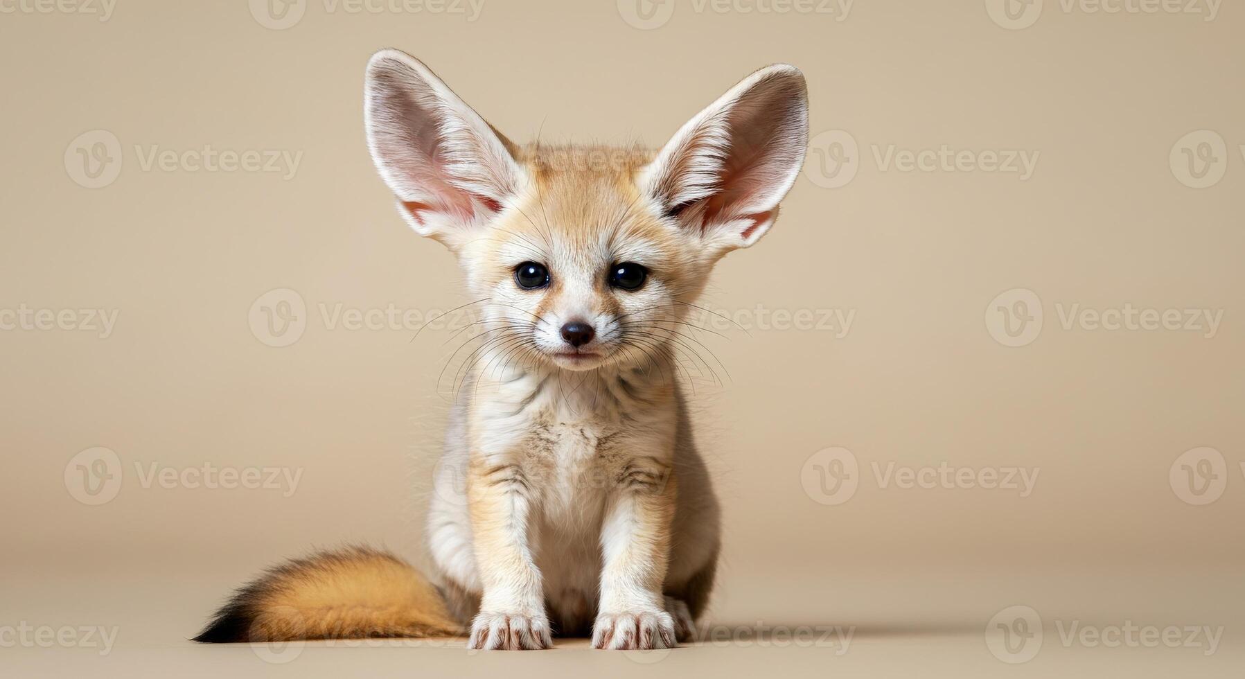 Adorable fennec fox cub staring curiously in minimalist studio setting photo