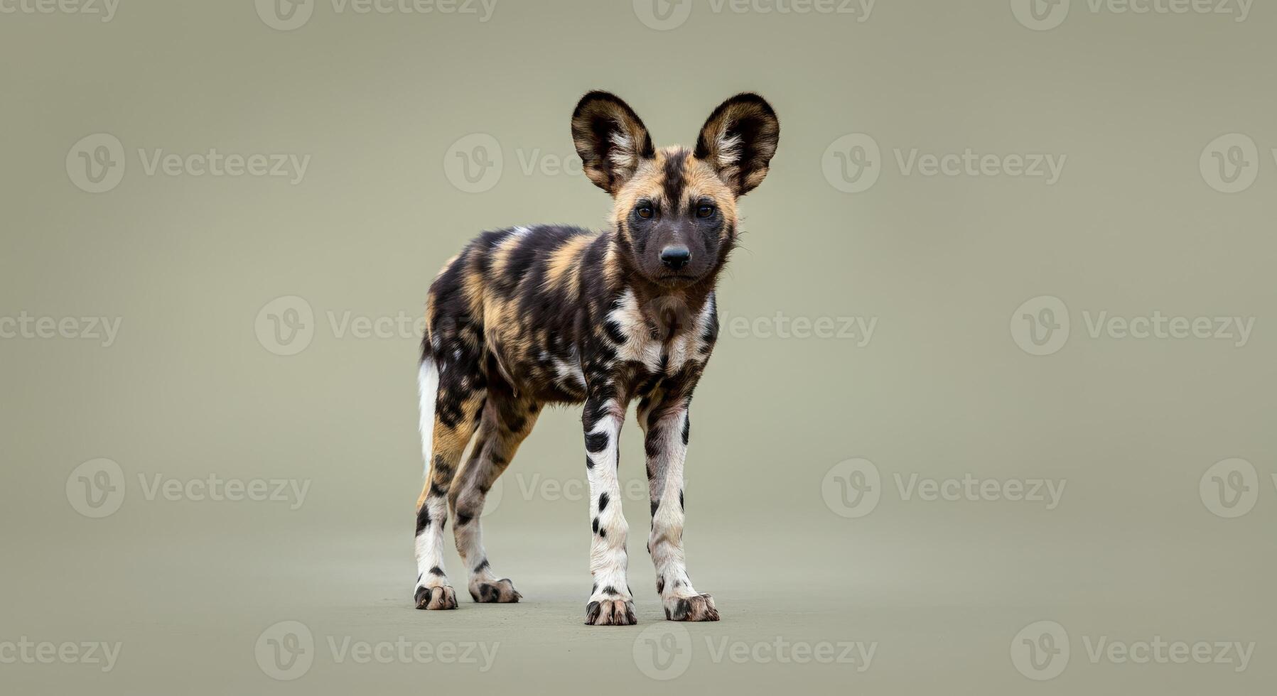 African wild dog on neutral background highlighting unique coat patterns photo