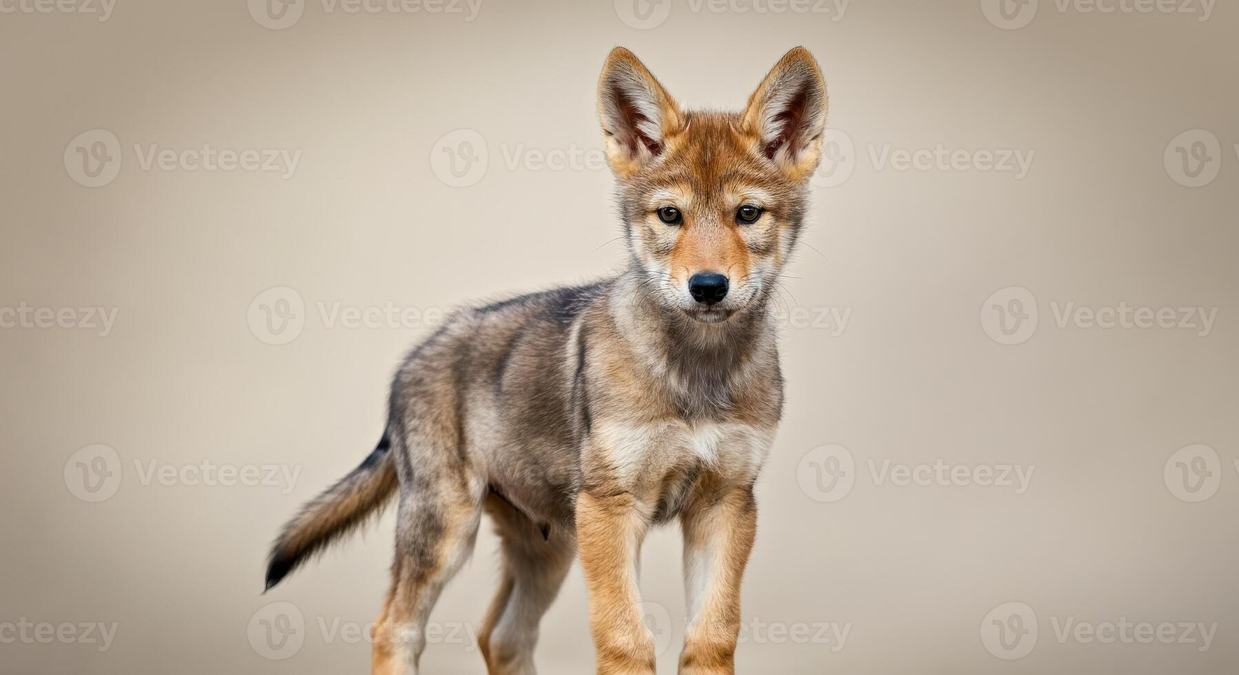 Young wolf pup standing alert on neutral background perfect for wildlife education photo