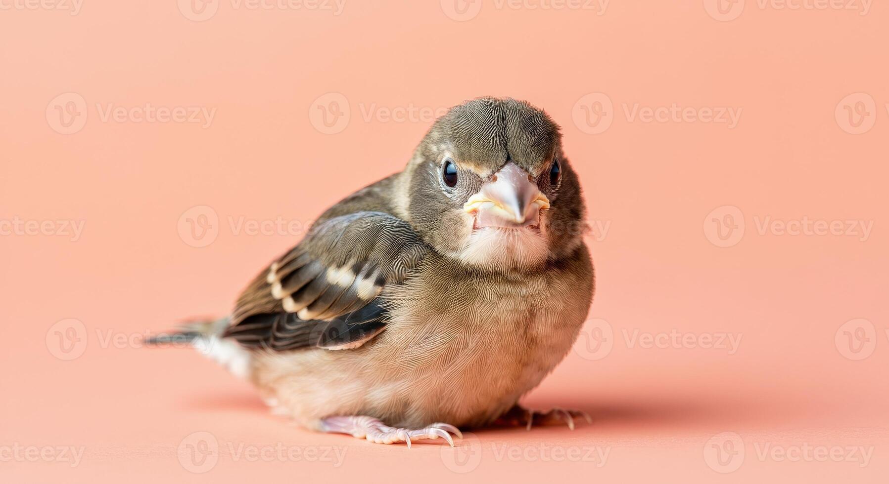 Adorable young sparrow on soft coral background for nature themes photo