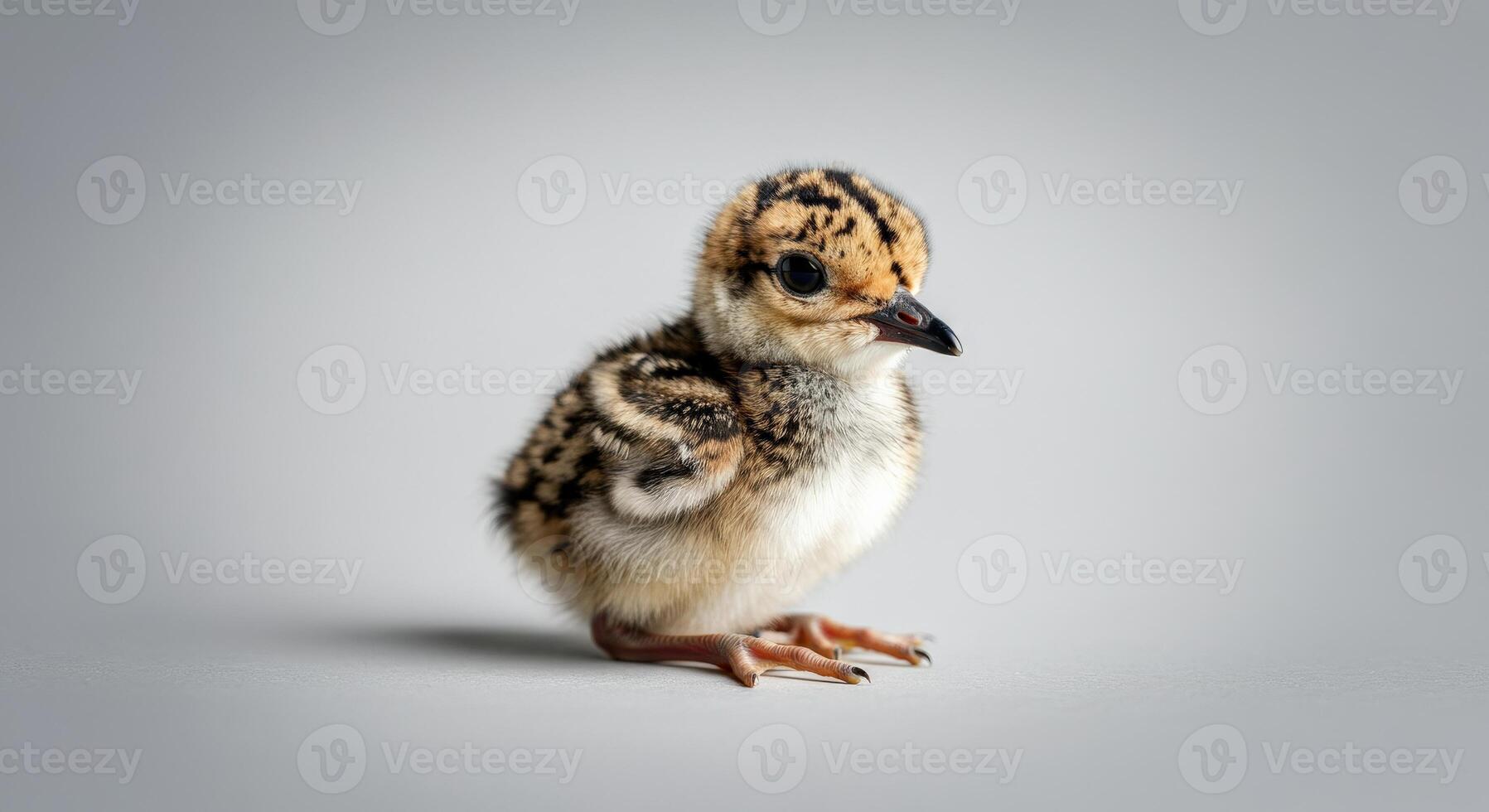 Adorable fluffy baby chick with patterned plumage on neutral background photo