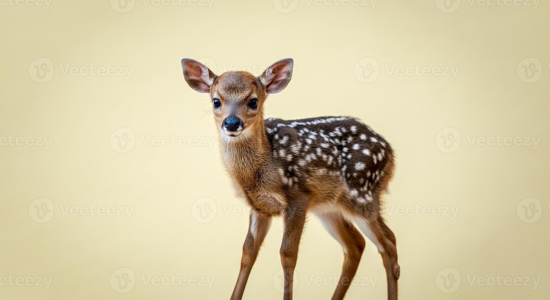 Adorable fawn with spotted fur on a soft beige background for nature-themed design photo