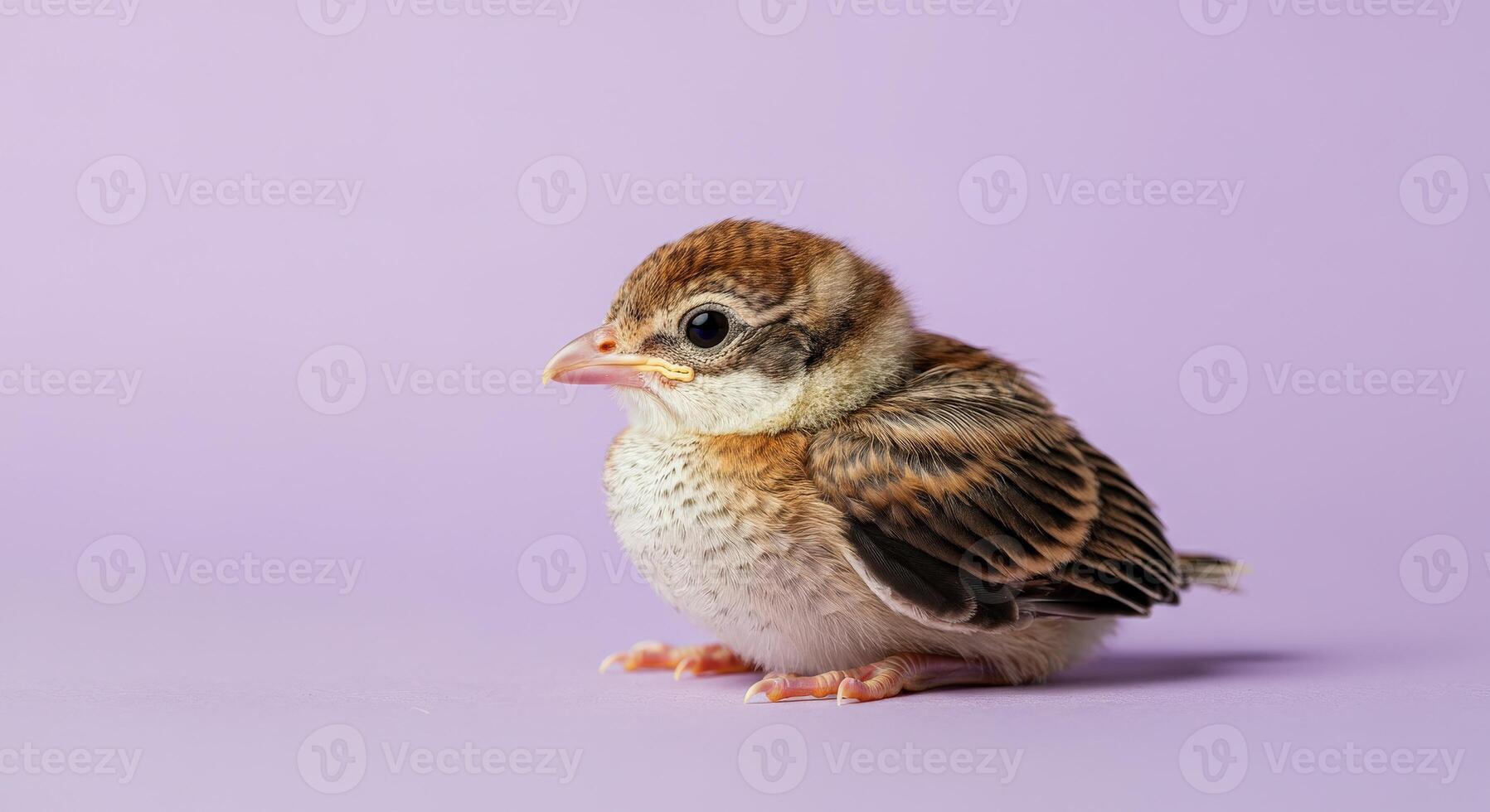 Adorable baby bird on pastel purple background for nature and wildlife themes photo