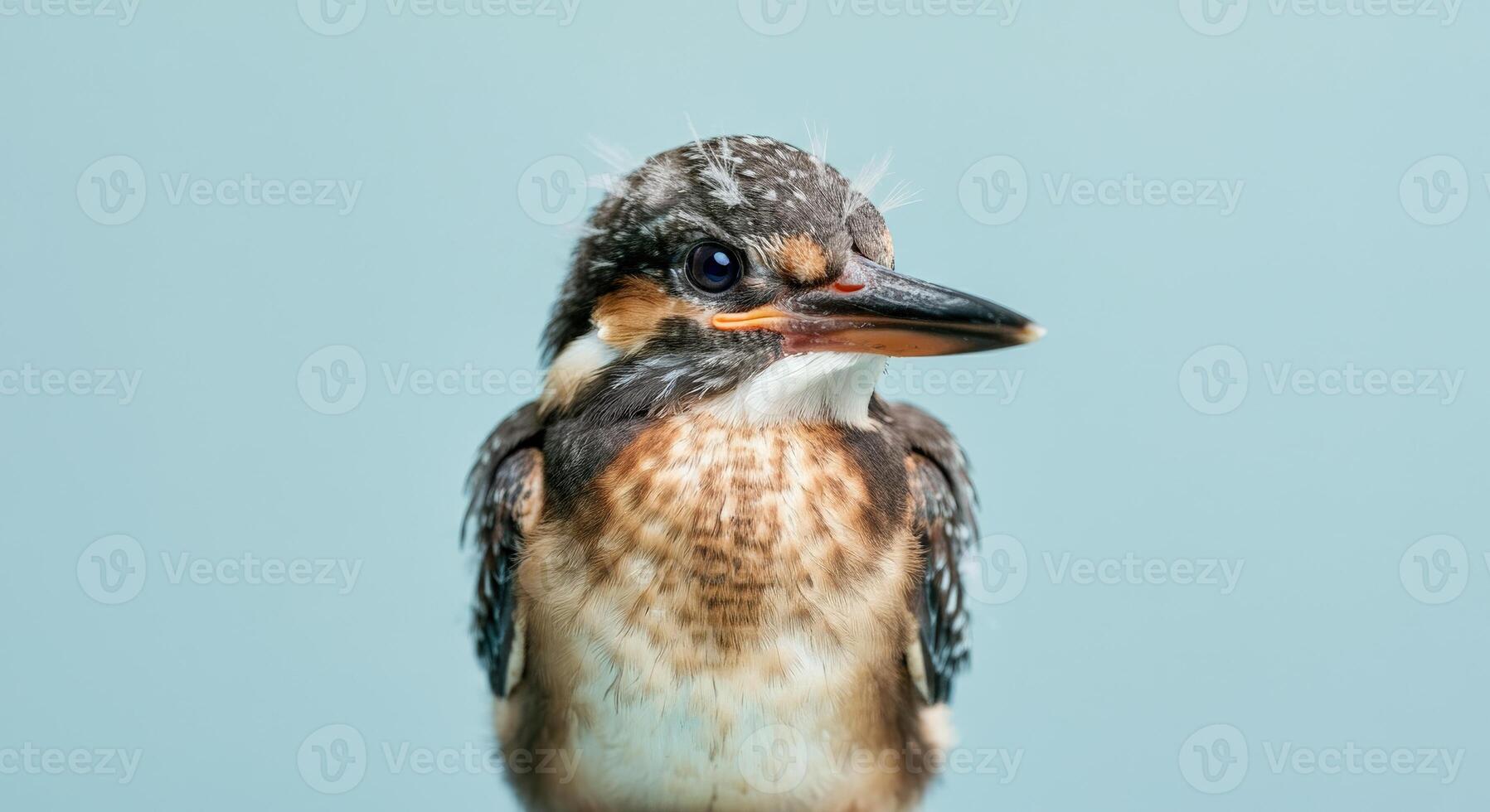 Portrait of a young kingfisher with intricate plumage against soft blue background photo