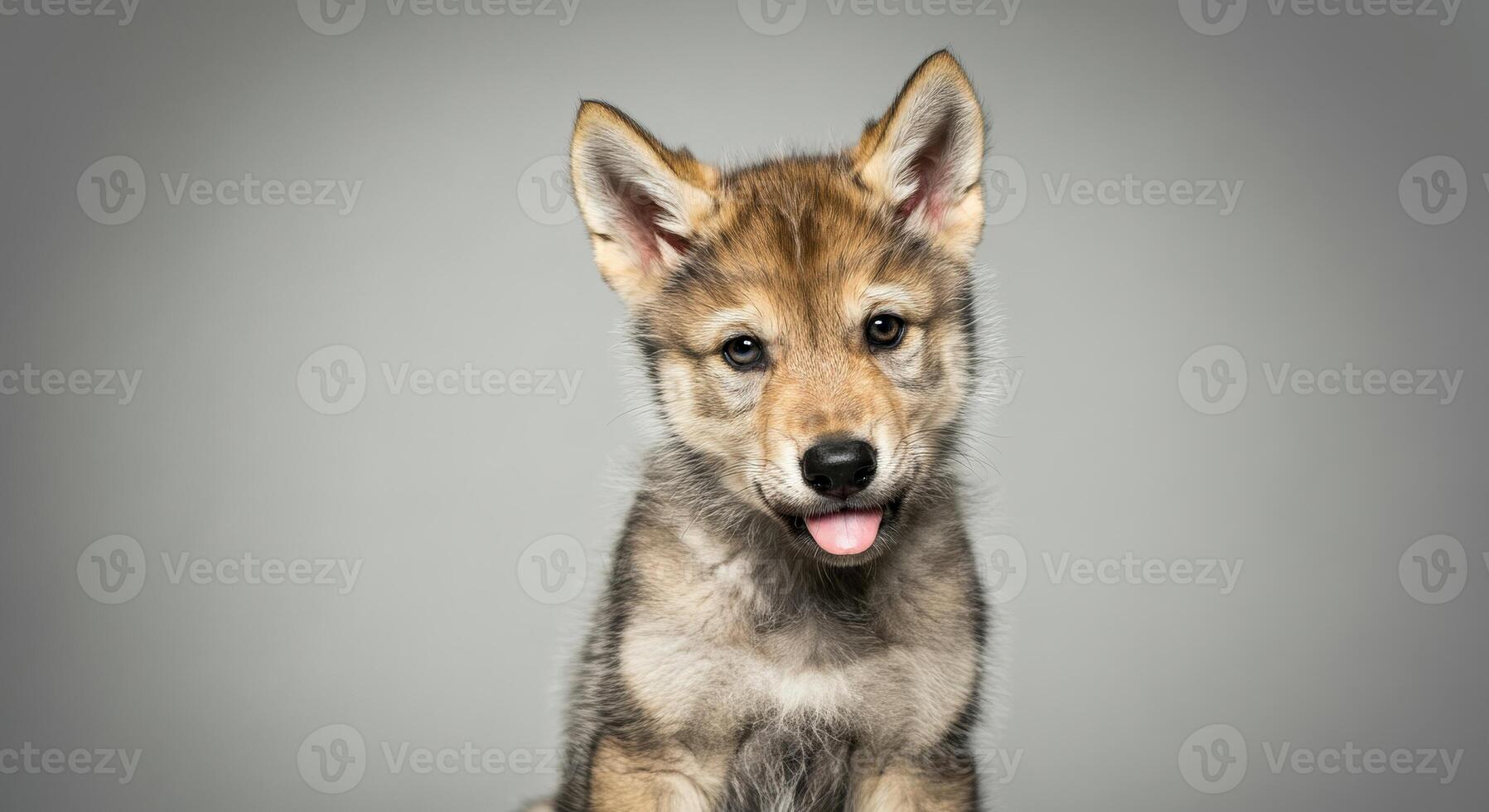 Adorable wolf pup with tongue out showing playful charm and innocence photo