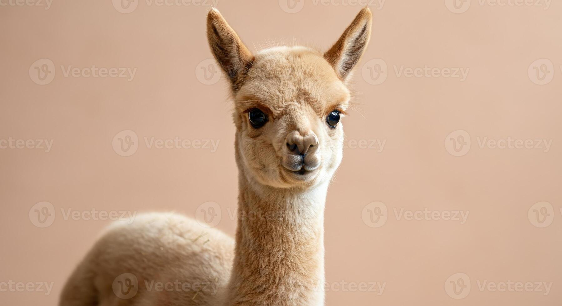 Adorable young alpaca with fluffy fur in a soft pastel background for animal enthusiasts photo