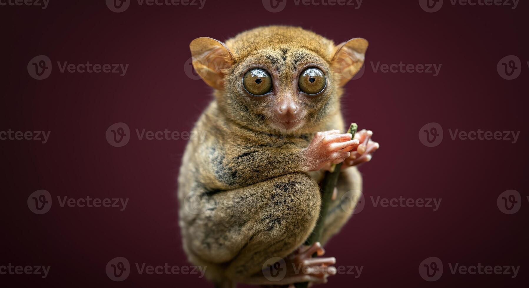 Close-up portrait of a tarsier on a branch against a deep burgundy background photo