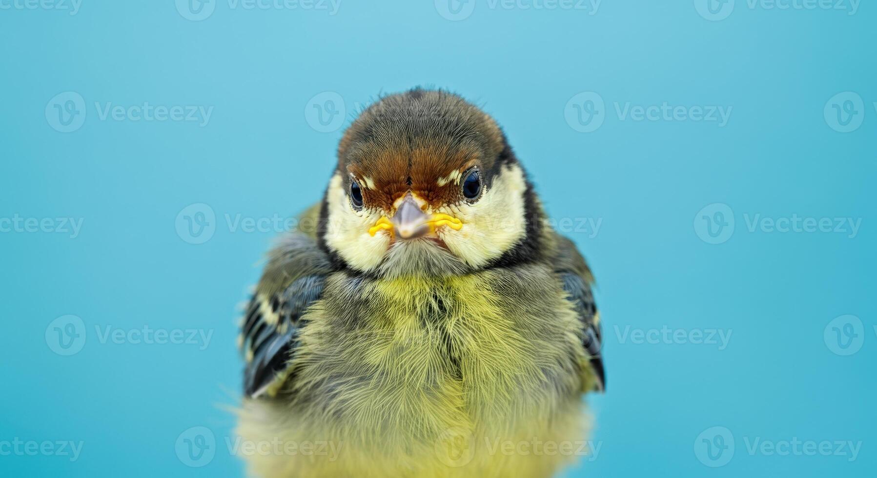 Vibrant close-up of a young bird against a bright blue background for nature and wildlife themes photo