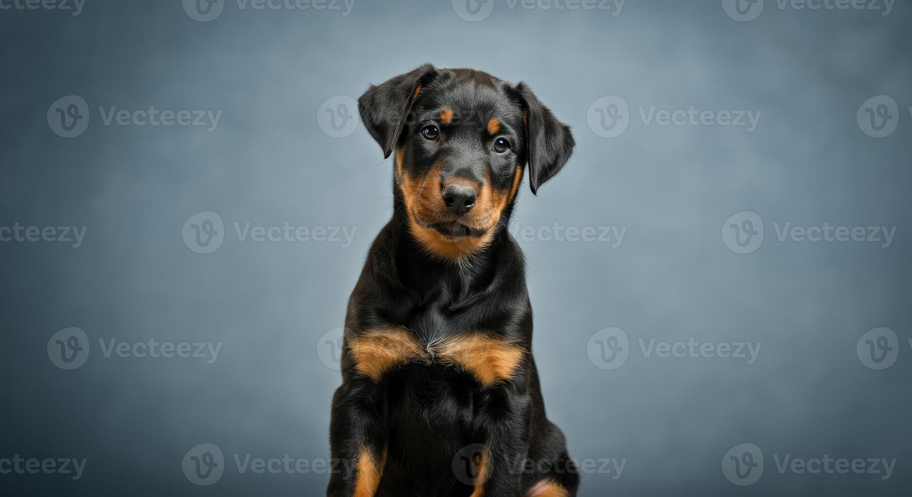 Adorable rottweiler puppy posing against minimalist gray background photo