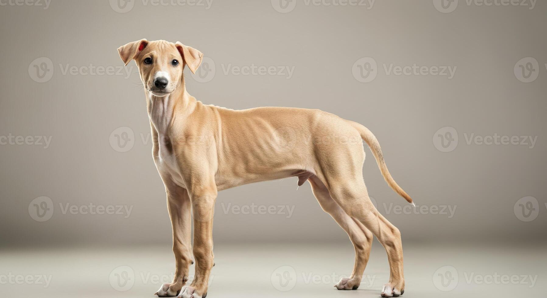 Sleek tan greyhound puppy against neutral backdrop for pet-themed designs photo