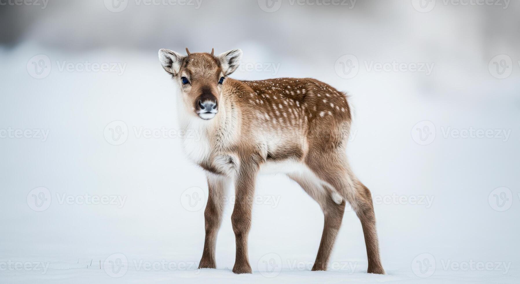 Adorable young reindeer standing in snowy winter landscape photo