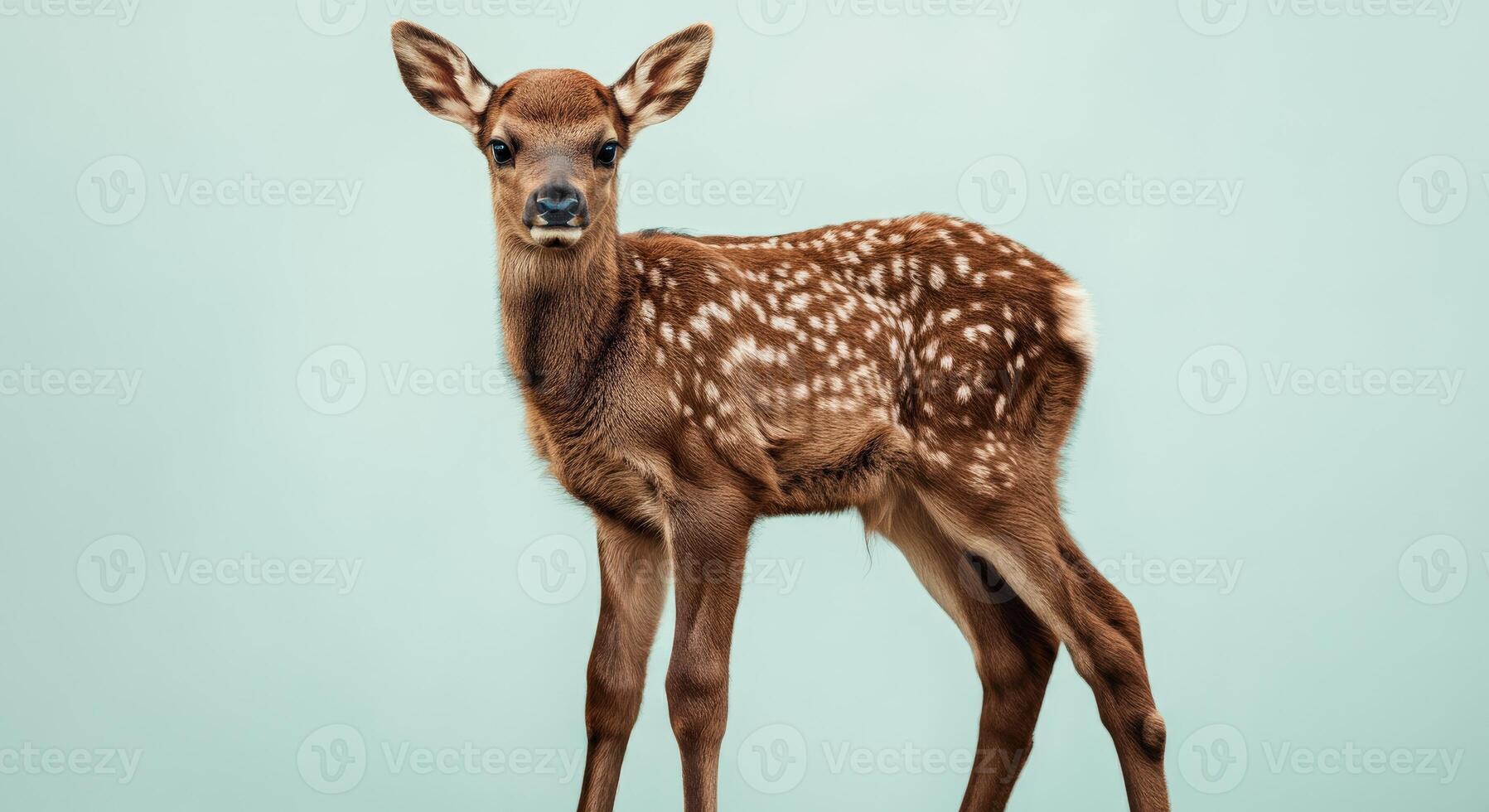Adorable young deer fawn with spotted coat on soft pastel background for nature and wildlife themes photo