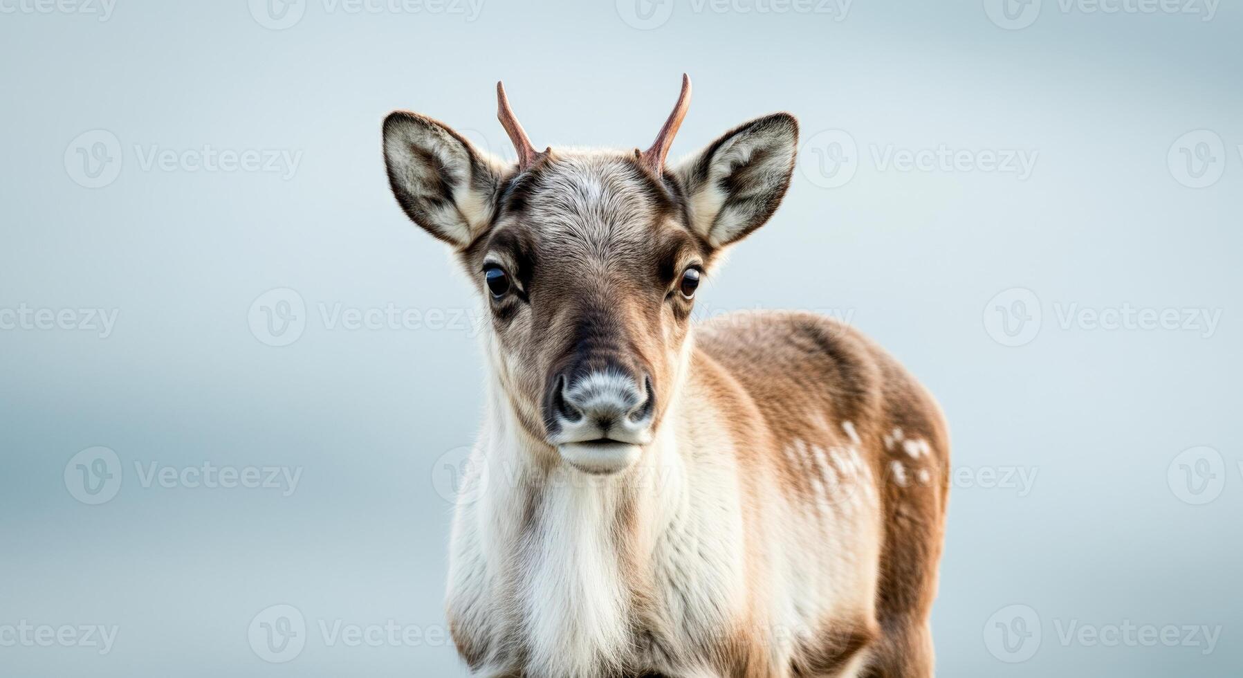 Young reindeer with antlers in winter landscape for wildlife and nature themes photo
