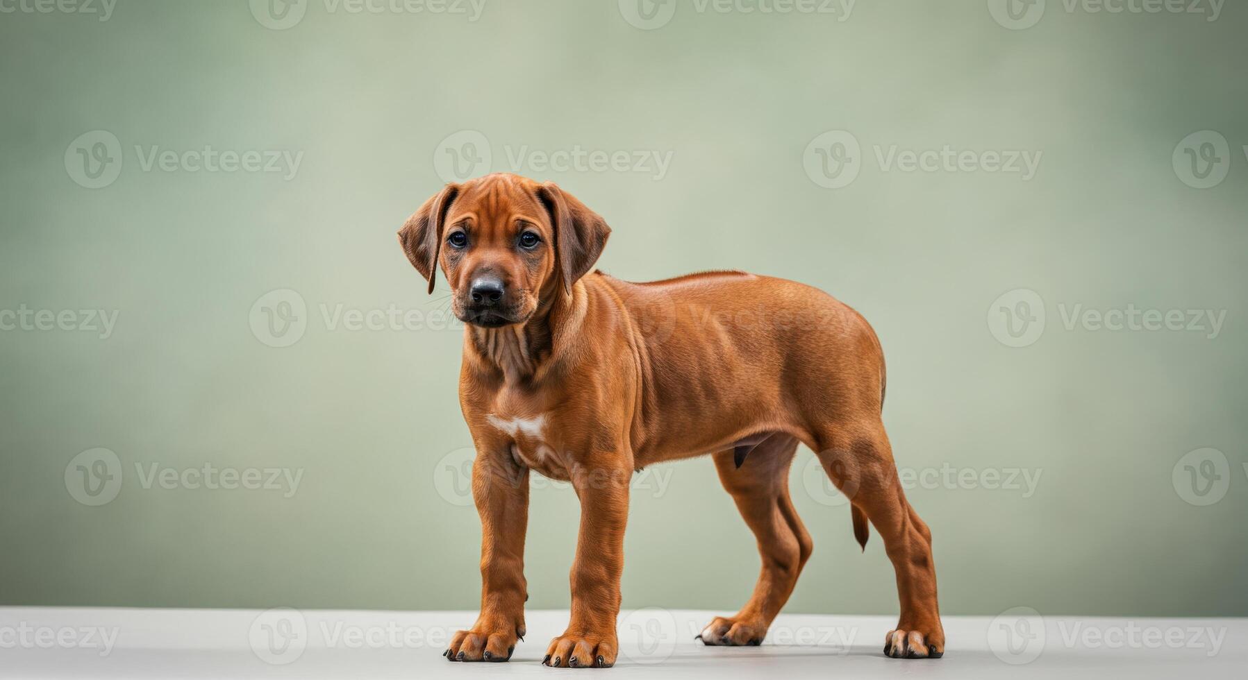 Adorable rhodesian ridgeback puppy standing on neutral background photo