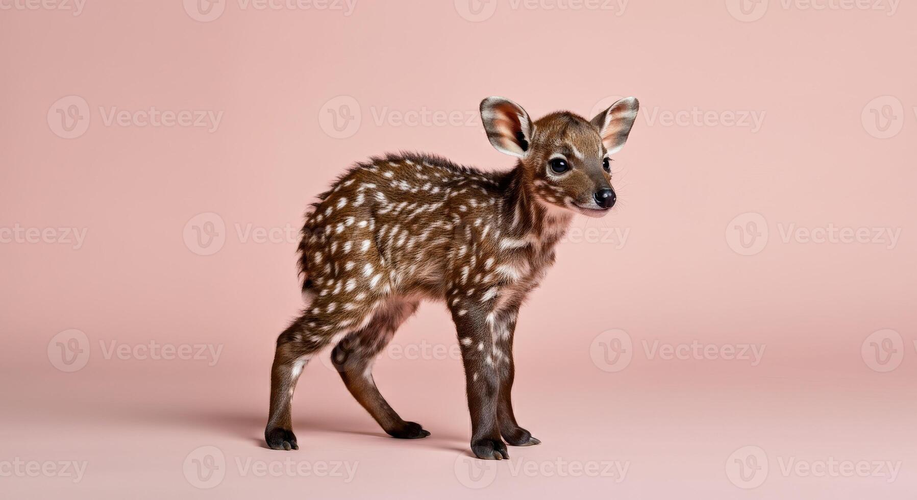 Young fawn with spotted fur on pink background for nature and wildlife design photo