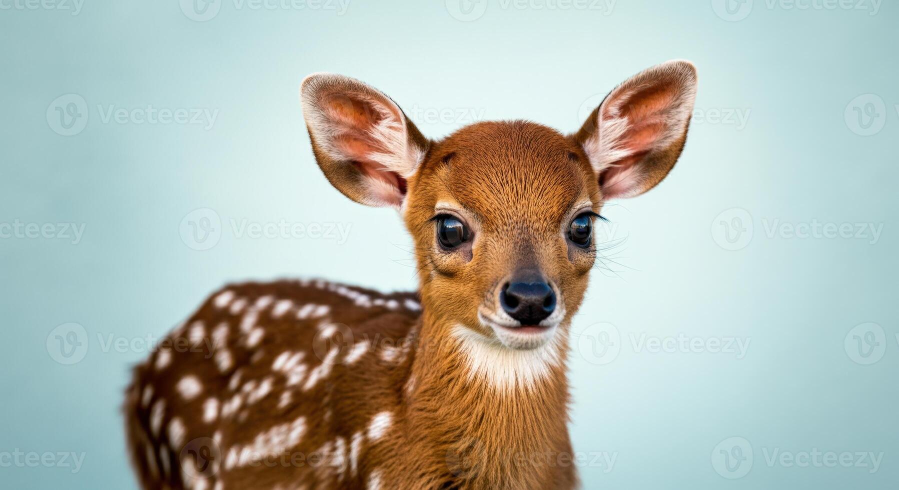 Adorable fawn with spotted coat against a blue background for nature-themed designs photo
