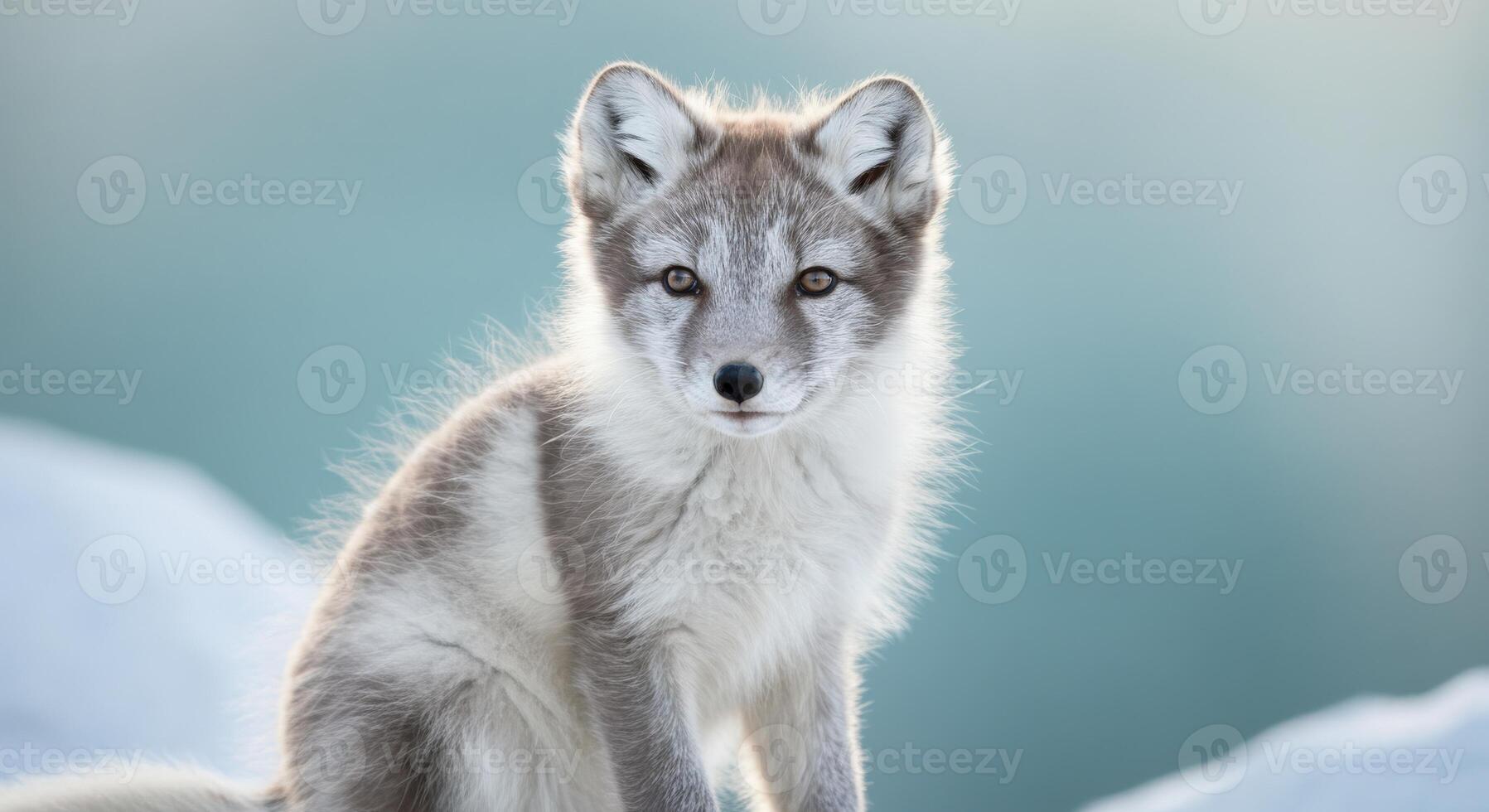 Arctic fox in pristine winter landscape with soft blue backdrop for nature and wildlife enthusiasts photo