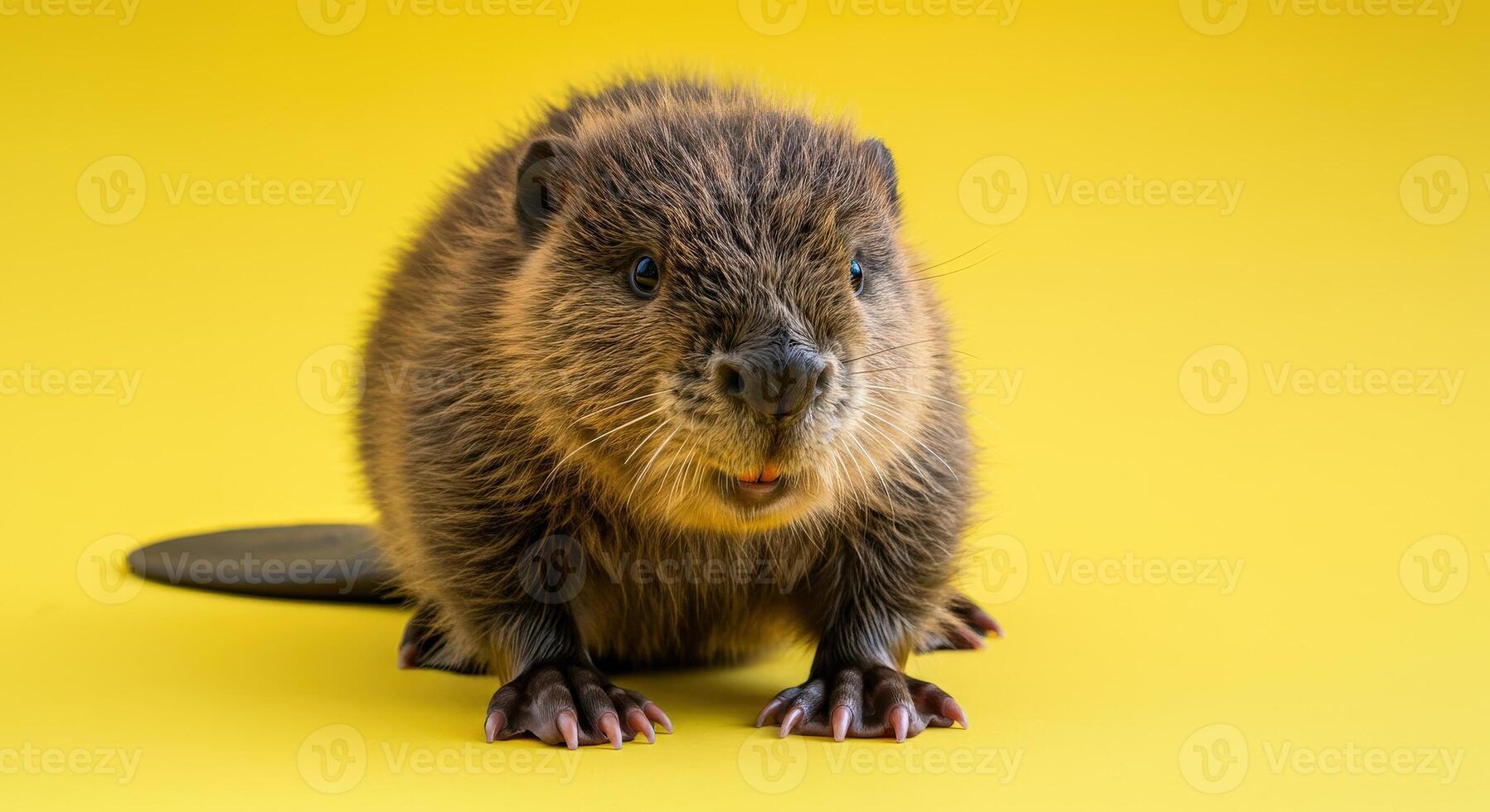 Curious beaver on vibrant yellow background exploring nature and wildlife themes photo