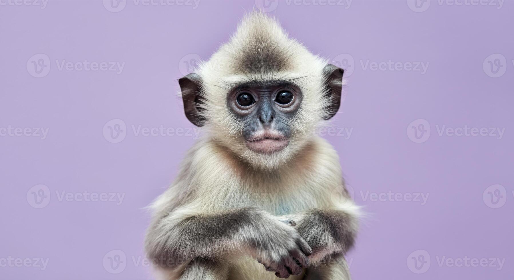 Portrait of baby langur against pastel purple background for wildlife conservation design photo