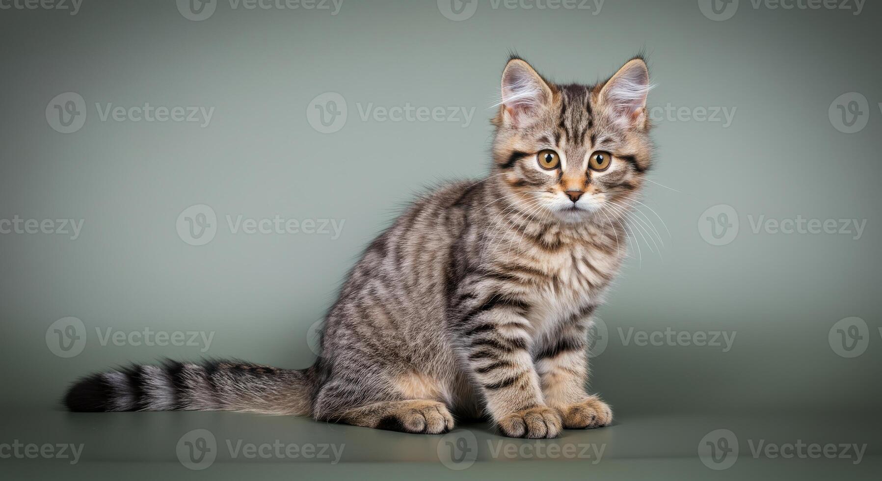 Portrait of a fluffy tabby kitten with striking stripes against a soft green background photo