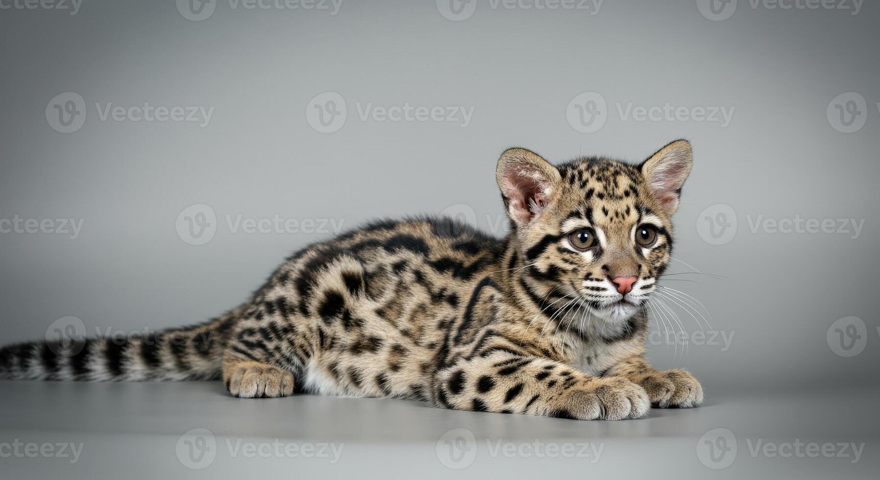 Young clouded leopard with distinctive spots resting on neutral background photo