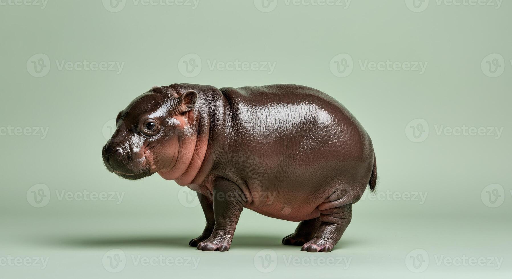 Adorable baby hippo standing against a soft green background for wildlife enthusiasts photo