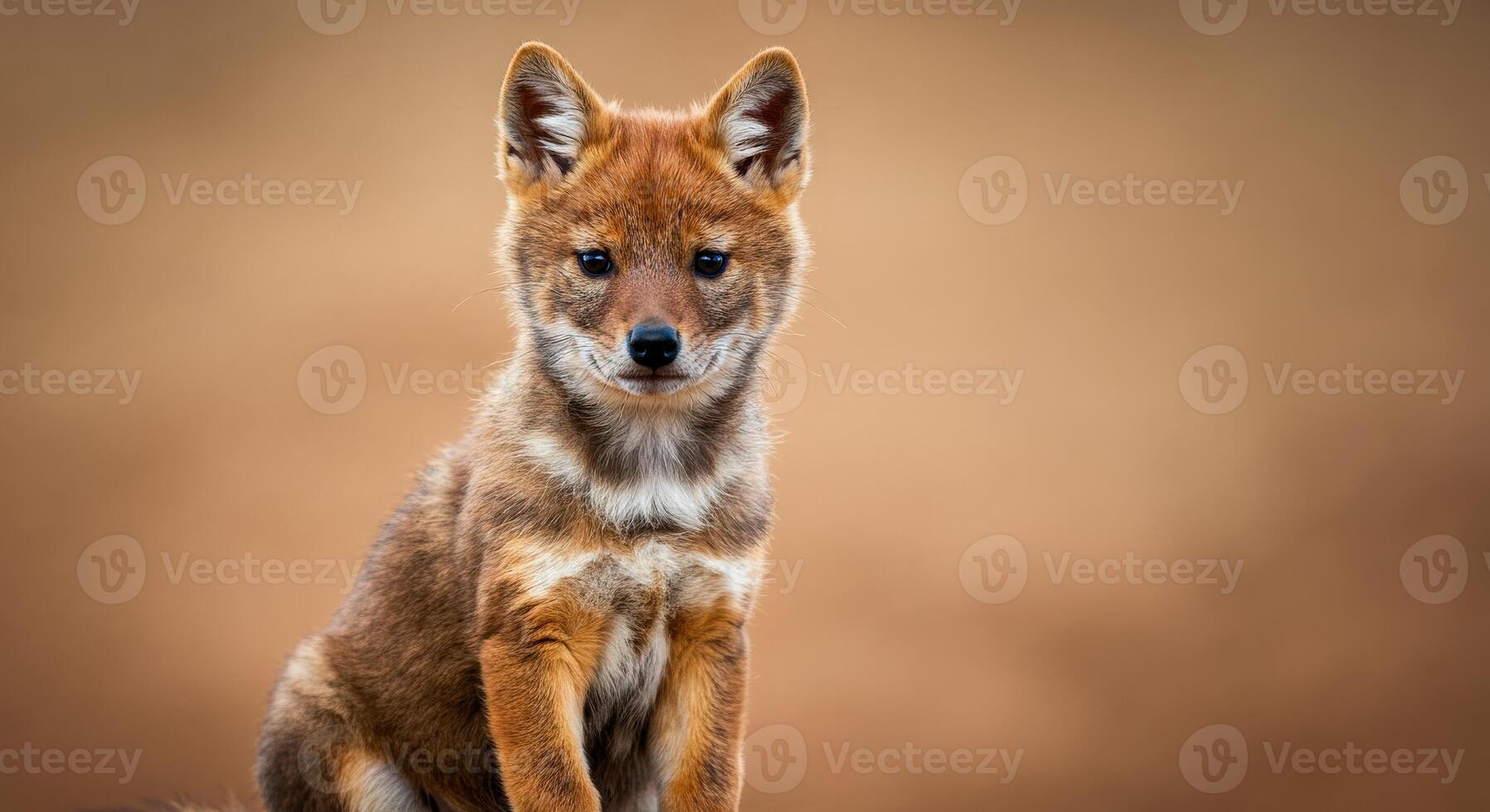 Curious young dhole pup in natural habitat for wildlife conservation and education photo